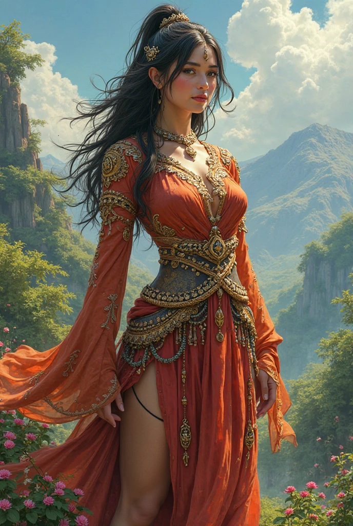 Epic fantasy concept art, oil illustration, beautiful European woman 30 years old with very long dark hair flowing in the wind, dressed in ancient Asian fantasy outfit of oriental beauty with precious jewelry and long ribbons, symmetrical body, symmetrical arms, flowing long layered skirt with floral pattern, woman standing at full height in an expressive dramatic pose high in the mountains, wind, (flying flower petals: 1.3), cherry blossom trees, flowers, mountains far in the background, waterfalls, ancient Chinese castle, (background detail) , sunset, sunset sky with clouds, symmetrical, random perspective, (High detail: 1.2), hdr, computer graphics, (complex detail: 1.1), best quality, (artstation: 1.3), (epic fantasy: 1.1 ), epic realism, (cinematic: 0, 8), masterpiece, dark fantasy, cinematic atmosphere, rich colors, 