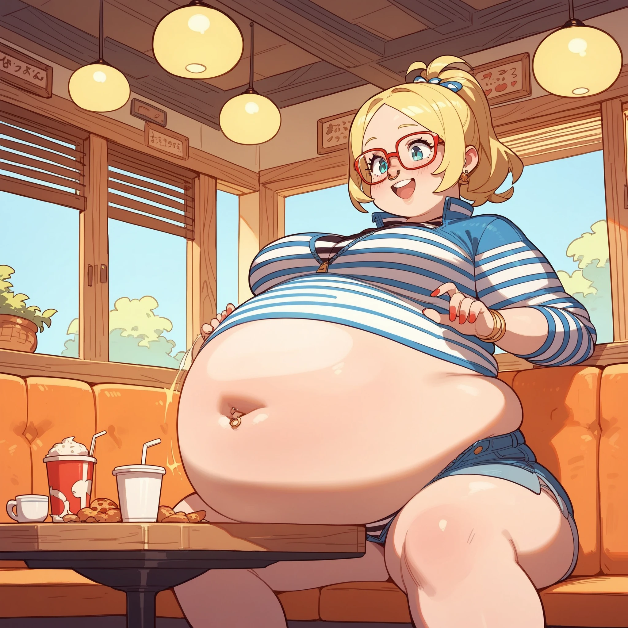 An anime girl with a big belly and breasts, noticeably fat, sitting while eating junk food. She is surrounded by hamburgers, French fries, and soft drinks, with a satisfied expression on his face