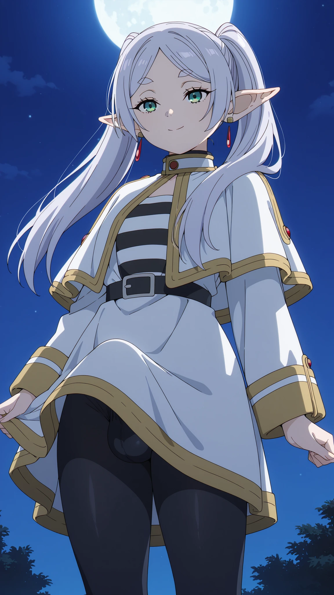 masterpiece, best quality, newest, absurdres, highres, detailed eyes, beautiful, detailed background, perfect eyes, anime coloring, anime screencap, 1girl, solo, frieren, elf, pointy ears, grey hair, long hair, twintails, green eyes, small breasts, earrings, 1girl, solo, frieren, elf, pointy ears, silver hair, white hair, green eyes, robe, striped shirt, belt, white capelet, black pantyhose, expresionless, half-closed eyes, (night, night sky, full moon, backlighting, floating, dark, soft light), huge bulge in her pantyhose, futanari, lifting her skirt up to show her pantyhose bulge, smiling