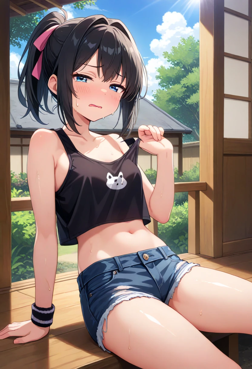(masterpiece, best quality;1.3),extremely beautiful detailed anime face and eyes,extremely detailed illustrations,1girl, solo, 18-year-old、((日本のAcademy服姿:1.5))、(sweat,sweaty and wet clothes、collared shirt,purple tie、white crop shirt、Her wet white panties are visible.、camel toe,Navel is visible,navy pleated mini skirt,detailed skin, dark skin,oily skin,smaller head、ideal ratio body proportions,slender body,medium breast,cowboy shot, shy look、 nadia,short cut hair,dark purple hair,sitting,spread legs,legs up,sadamoto yoshiyuki,storehouse、Dim interior lighting、Academy、
