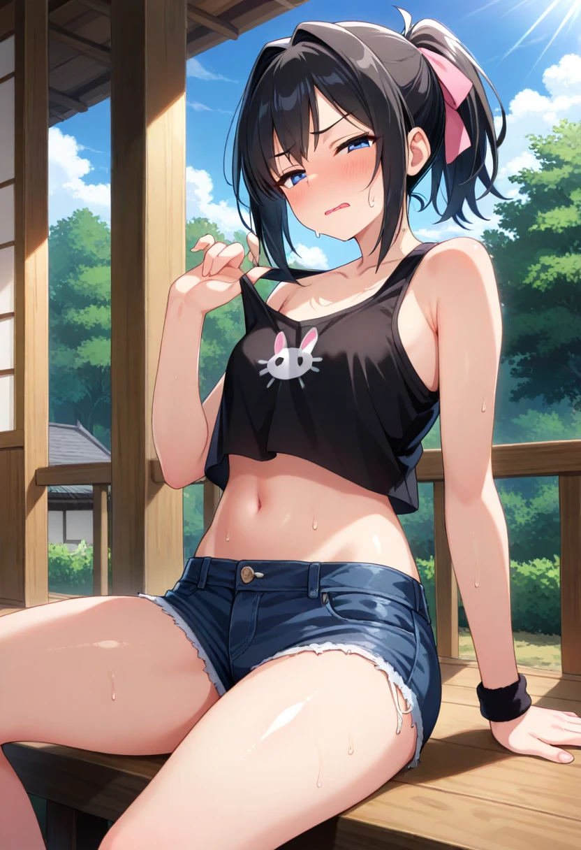 masterpiece, best quality, ultra detailed, 1 girl, micro short shorts, tube top, side ponytail, nsfw,