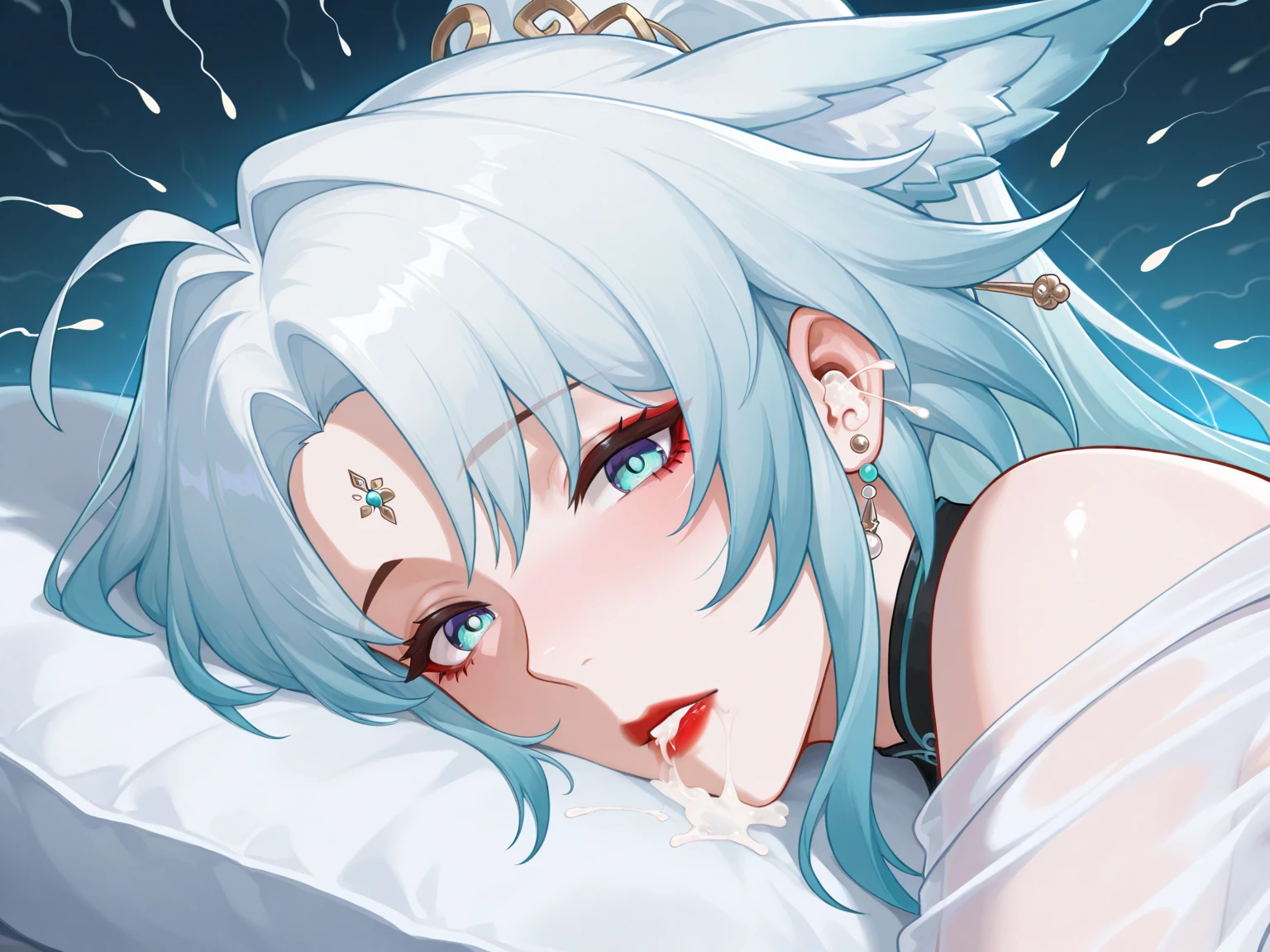 furina, 1girl, solo, sleep, pinky skin, whire dress sleepwear, white hair, blue line highlight, furinadef, ahoge, Expressiveh