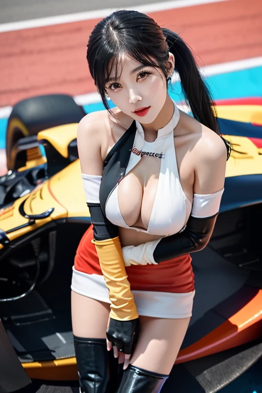 extremely detailed unity 8k wallpaper, sexy grid girl, actress, model, black hair, glowing skin and perfect symmetrical face, blush cheeks,(((extremely huge boobs))), (((underboob:1.3))), cold nipples, clothes lift, Wearing a grid_girl outfit with sponsor's logo printed, standing in a motorsport racing, 45 angle by krenz cushart and Mucha, golden hour lighting, strong rim light, intense shadows, by Canon EOS, SIGMA Art Lens 35mm F1.4, ISO 200 Shutter Speed 2000