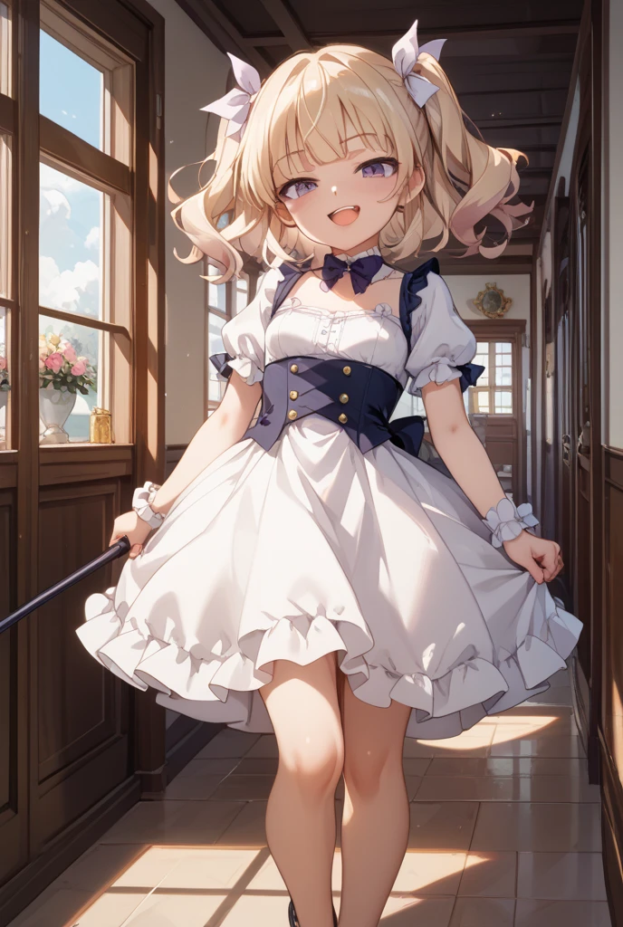 (masterpiece:1.2), best quality, highres, original, (extremely detailed:1.2), ultra-detailed, wallpaper, perfect lighting,(extremely detailed CG:1.2), 8k, anime illustration, HD, 1girl, solo, cute style outfit, short hair, (white dress, knee-length dress, short sleeves:1.22), (lace hemline:1.3), {delicate|thin}rope ribbon on the cuffs, bowknot on waistband:1.3), ({detailed|delicate}fabric:1.2), from behind, close-up, back-angle, unity 4k