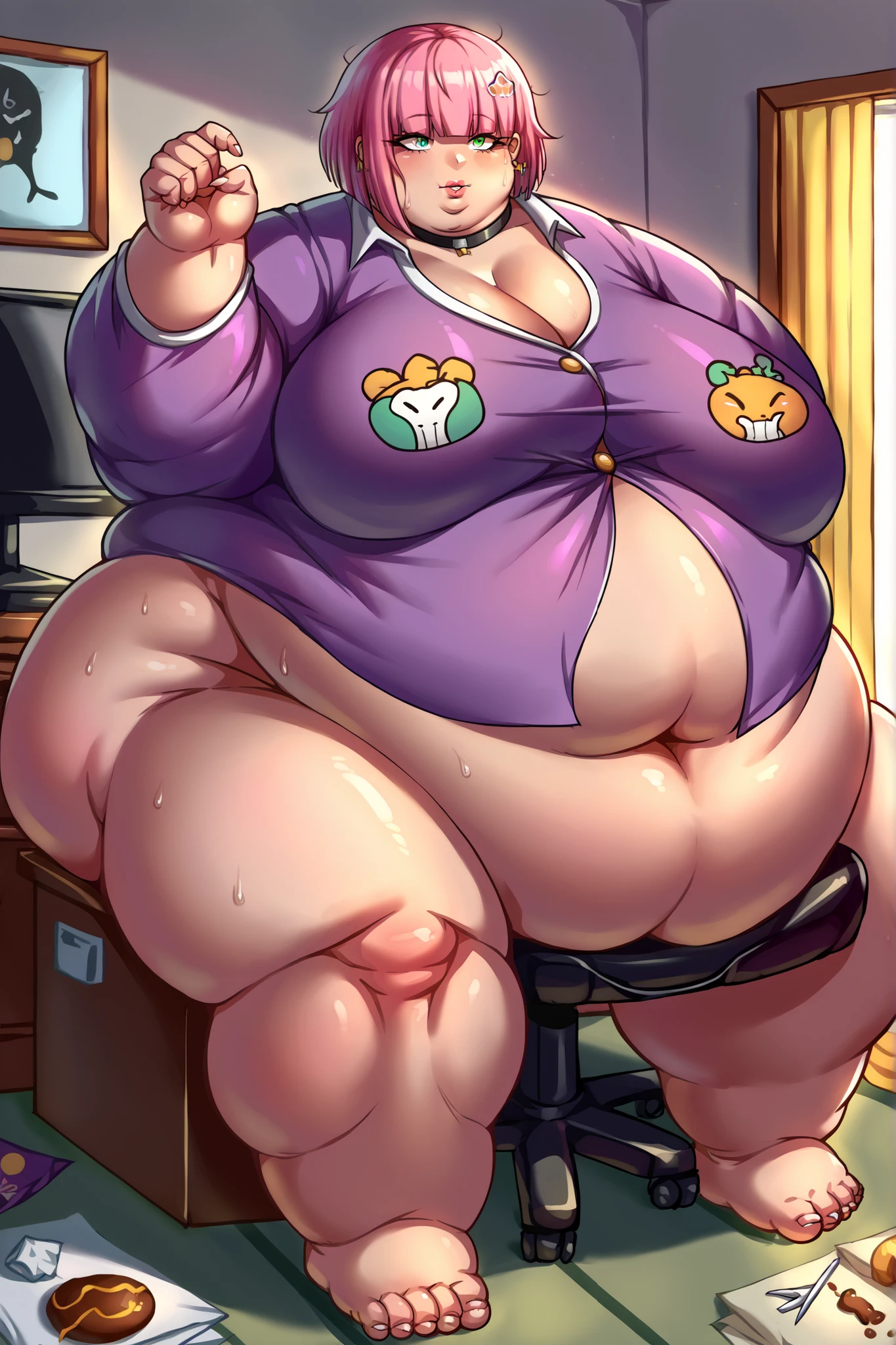 Anime Women, Adult female、Detailed face、amount、Forehead、Braided Pigtails、Very long hair、Glasses、Sharp eyes、Thick lips、Purple Lipstick、Painted lips、Very fat、Chubby、obesity、obesity体、Double chin、cheek、Thick neck、Big Breasts、Saggy breasts、Thick upper arms、Thick arms、thick fingers、Fat belly、Flabby belly、Flabby bellyの脂肪、Thick legs、Big Ass、Back fat、Bulging fat、Huge、????、Very large nipples、Large ??????、Thick pubic hair、Belly hair、Wasted hair、Hairy、sweated profusely、Gloss、sit、Hold on