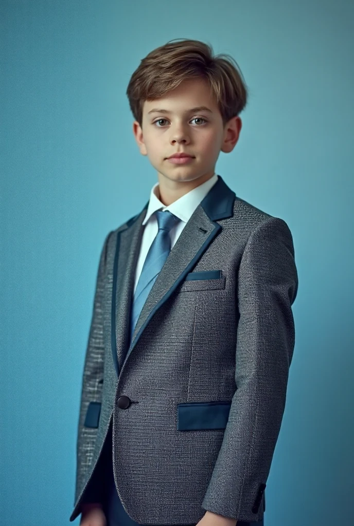 A 10-year-old boy slender light brown hair and blue eyes white skin fine features handsome boy masculine fine European features fine clothes elegant well dressed living room luxurious classic elegant dark clothes formal elegant discreet glasses look sad serious thoughtful a little upset