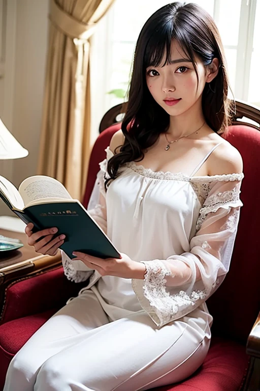 (((holding a brochure show it to viewer))), Hyper realistic, Beautiful, cute Face, 17 Years old Indonesian women, naked, luxury necklace, White Skin, sitting on chair, terrace, Perfect Potrait, Bokeh Effect, Look at Viewer, Perfect Eye, Perfect Hand, Perfect Finger, side view, full body shot, face incredibly detailed, lips, realistic skin, solo,medium breasts,skin tight, puffy ,facial, masterpiece,best quality, Intricate, High Detail, dramatic, wide view