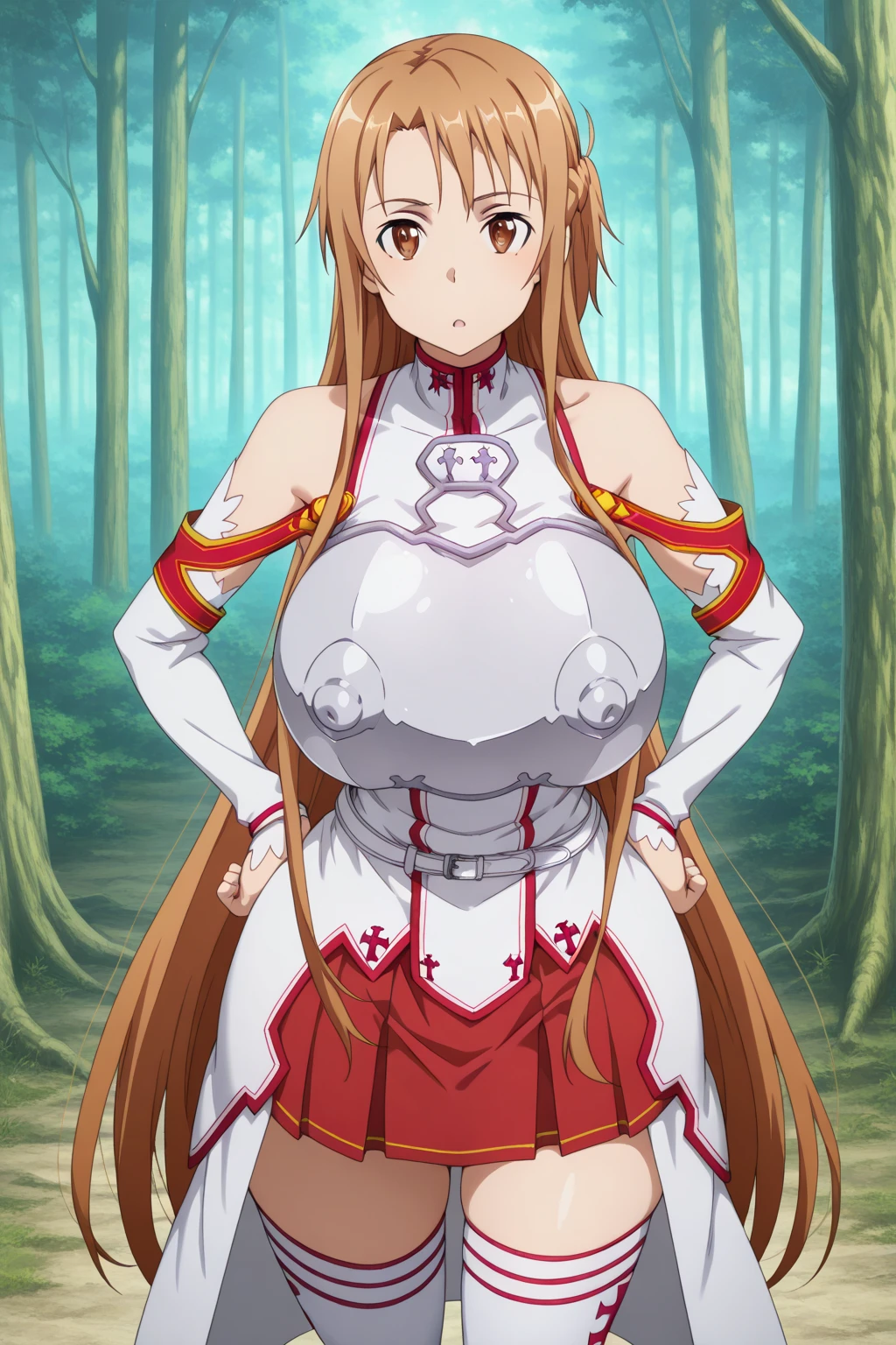 1girl, yuuki_asuna,solo, fantasy, sunshine,looking away, best quality, scenery ,gender smile, wearing dress, flowers・Nipples are visible、Completely naked、Big Breasts