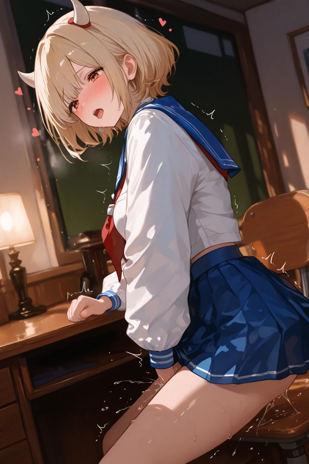 highest quality,masterpiece,8k,1girl, blush, sweat, mini skirt, lift skirt, upskirt, stripe panties, hair ribbon, twin tails, pleated skirt, thigh highs sox, loafers, camel toe, open legs, heart shaped pupils,