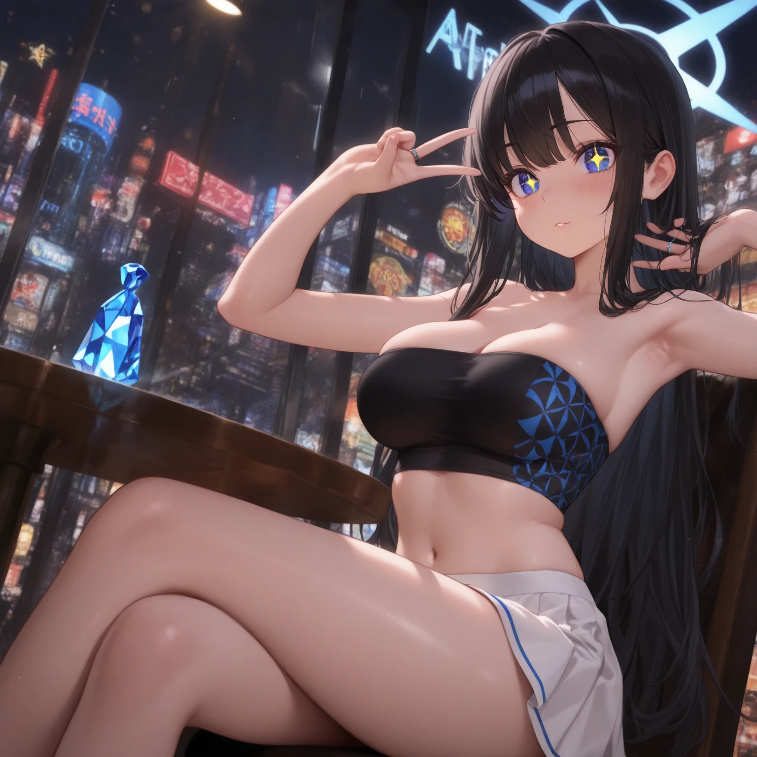 Create a high-quality, detailed image of a beautiful anime cat gamer girl with long hair, beautiful eyes. She is standing at an anime convention, dressed in a revealing gaming-themed cosplay. Her outfit consists of a skimpy tank top and short shorts that barely cover her, showcasing her midriff and highlighting her stunning curves. The attire leaves much of her skin exposed, emphasizing her tattoos and adding to her allure.

The convention scene is lively and vibrant, with colorful booths and enthusiastic attendees in the background. Soft ambient lighting enhances the atmosphere, casting a warm glow over the setting. Gaming setups and themed decorations surround her, capturing the excitement and energy of the event. The overall ambiance should highlight her as a captivating centerpiece, embodying the playful and alluring spirit of the anime convention.