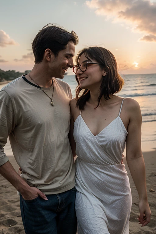 Man with short curly hair in white shirt and shorts holding his wife with short curly hair, in a white dress in your arms, at beach, with camping tent and bonfire, with the light of the giant moon reflecting in the sea water