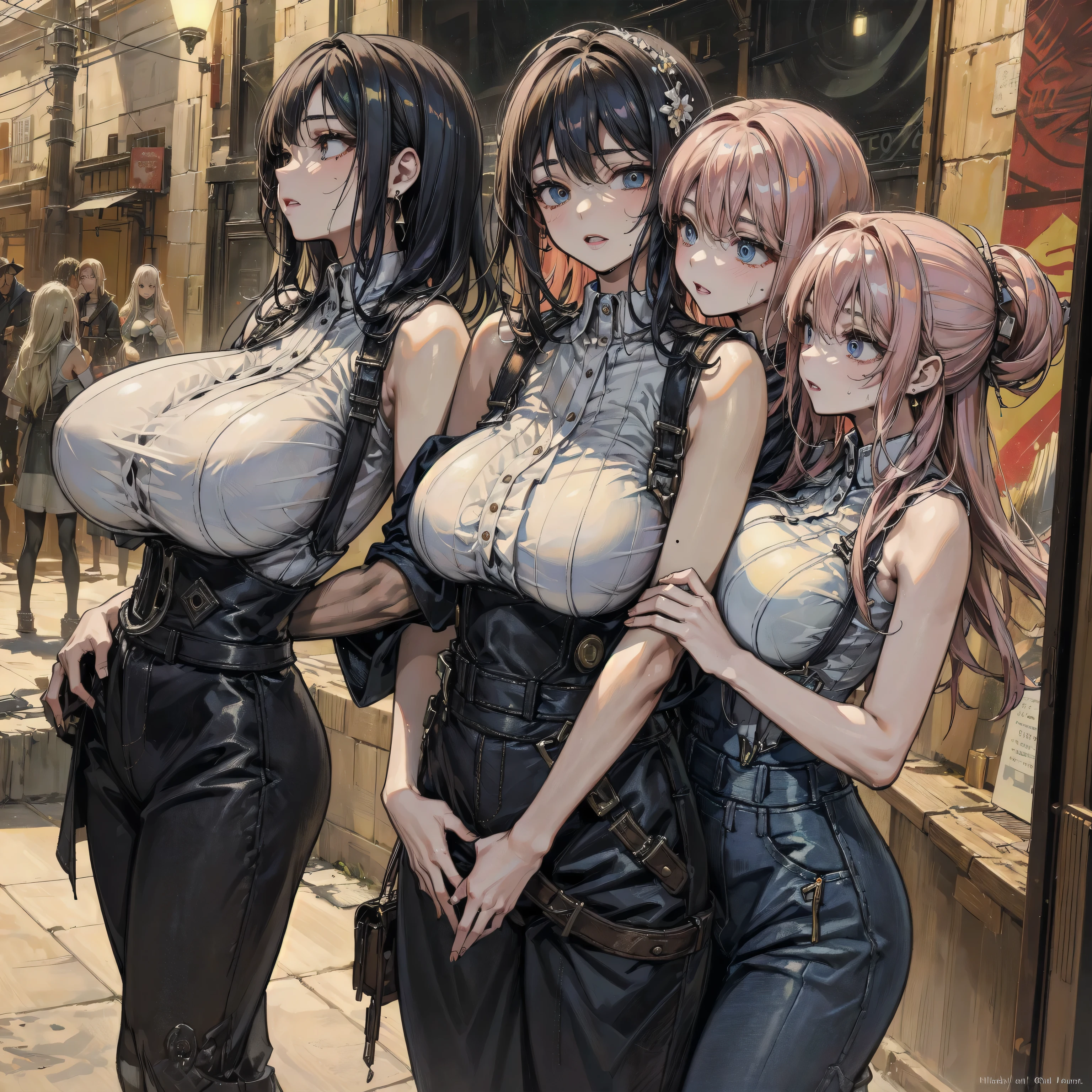 High detailed, 4 girls,large curly hair, pink eyes, busty, big breasts, firm plump body, black Bra, black jacket, heavy belt, mid-shorts, Serious, background a destroyed city 