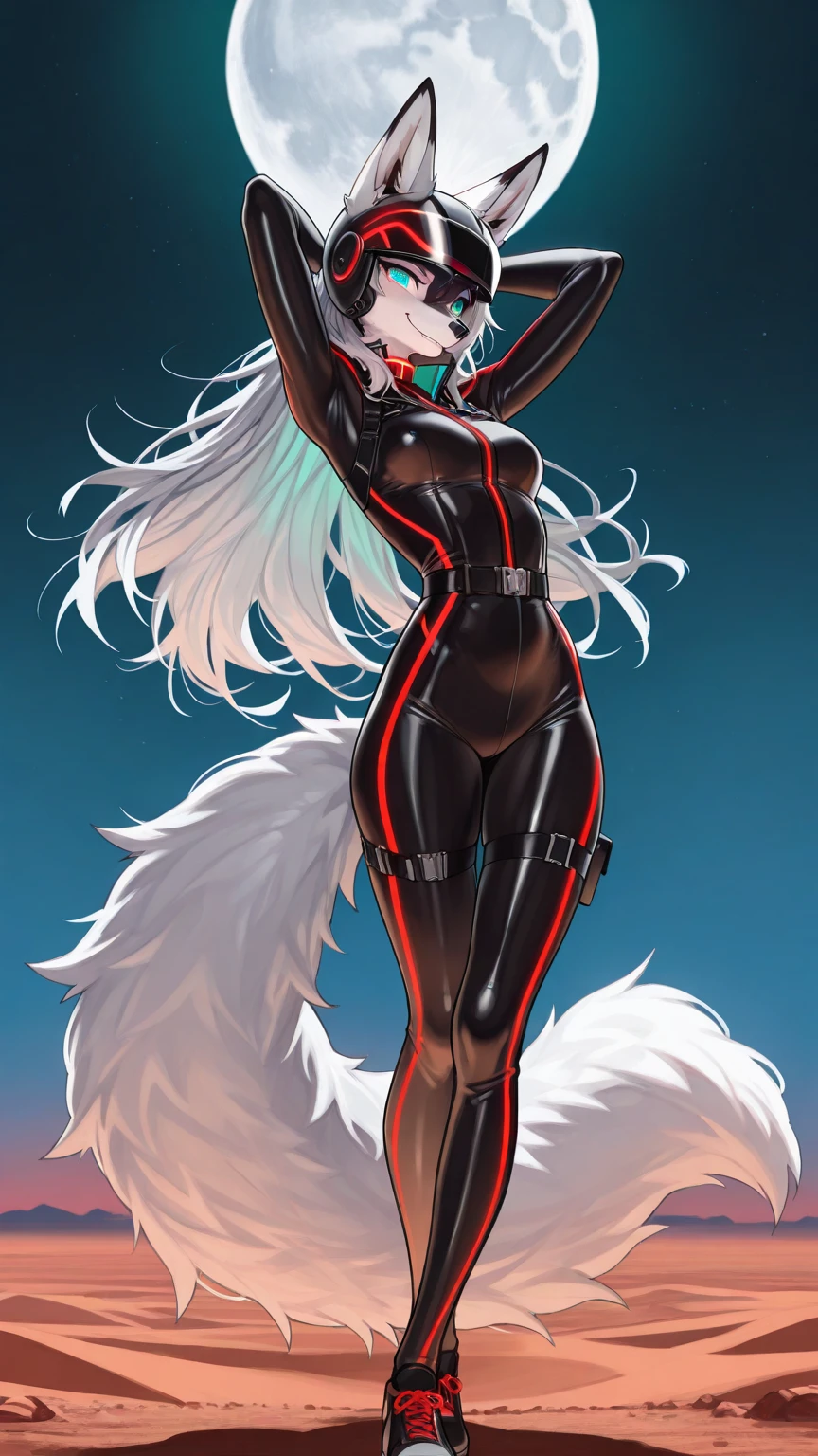 white fox girl, adult, fox ears, fox tail, character in the center,
(((blindfolded))), ((black blindfold)), full bodysuit, dark blue bodysuit, (latex bodysuit), black gloves, long black boots,
((white ears)), ((white tail)), messy hair, big breasts, thick thighs, thigh gap, wide hips, curvy,
determined, light blue details, in a forest, trees, fireflyes,