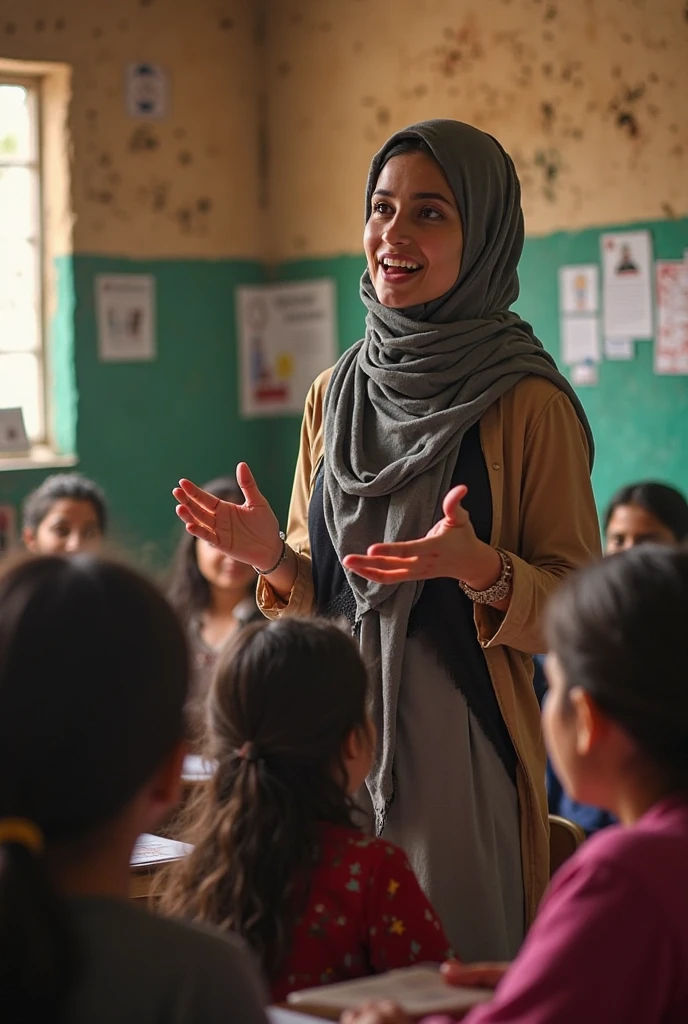 A female teacher in a hijab with very large breasts and a bra