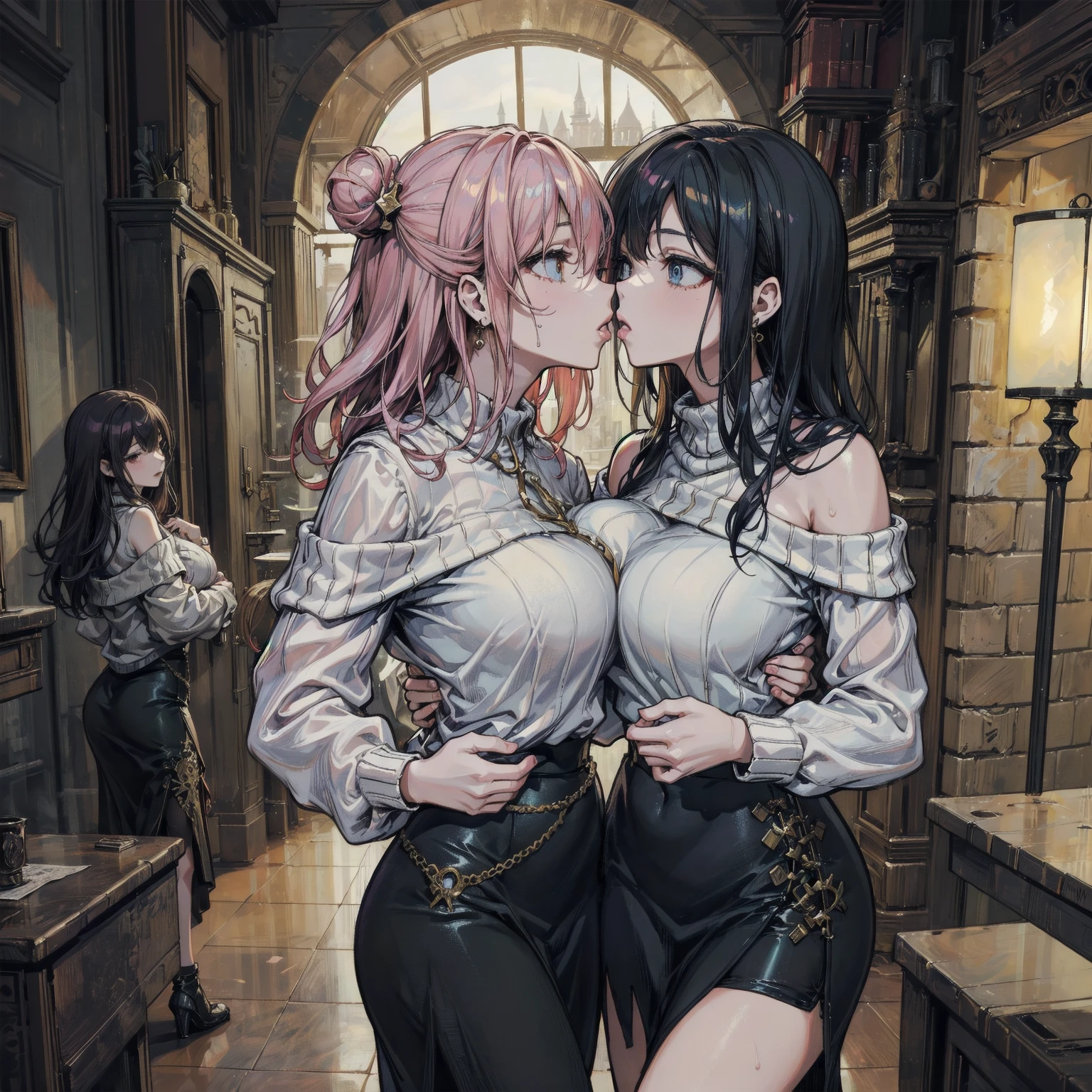 2girl, 1girl sitting on 2girl lap, knee up, 1girl long pink hair, 2 girl black hair, 1girl big tits, 2girl with bra , the 2nd girl hand holds the 1st girl’s waist, the 1st girl was a bit more standing than sitting, just one chair, looked each other