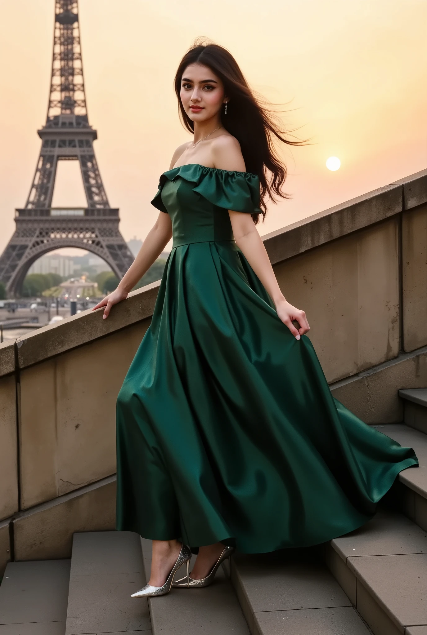 Ultra-realistic photo of a glamorous woman with very dark brown, almost black, long flowing hair sitting gracefully on a stone staircase in front of the Eiffel Tower at golden hour. She has a soft smile and a mid to full bust, giving her a natural, elegant silhouette. She's wearing a luxurious off-shoulder satin gown in rich emerald green, fitted at the waist, with a flowing skirt that catches the wind. She's styled in classic high heels, matching the soft luxury vibe. The Eiffel Tower stands tall in the background, perfectly aligned, with a glowing sunset sky and soft lighting that creates a dreamy, cinematic atmosphere. The mood is romantic, fashion-forward, and ultra-feminine — ideal for luxury travel and soft girl aesthetic. Captured in 4K, DSLR-level detail, with soft bokeh and wide-angle lens.
