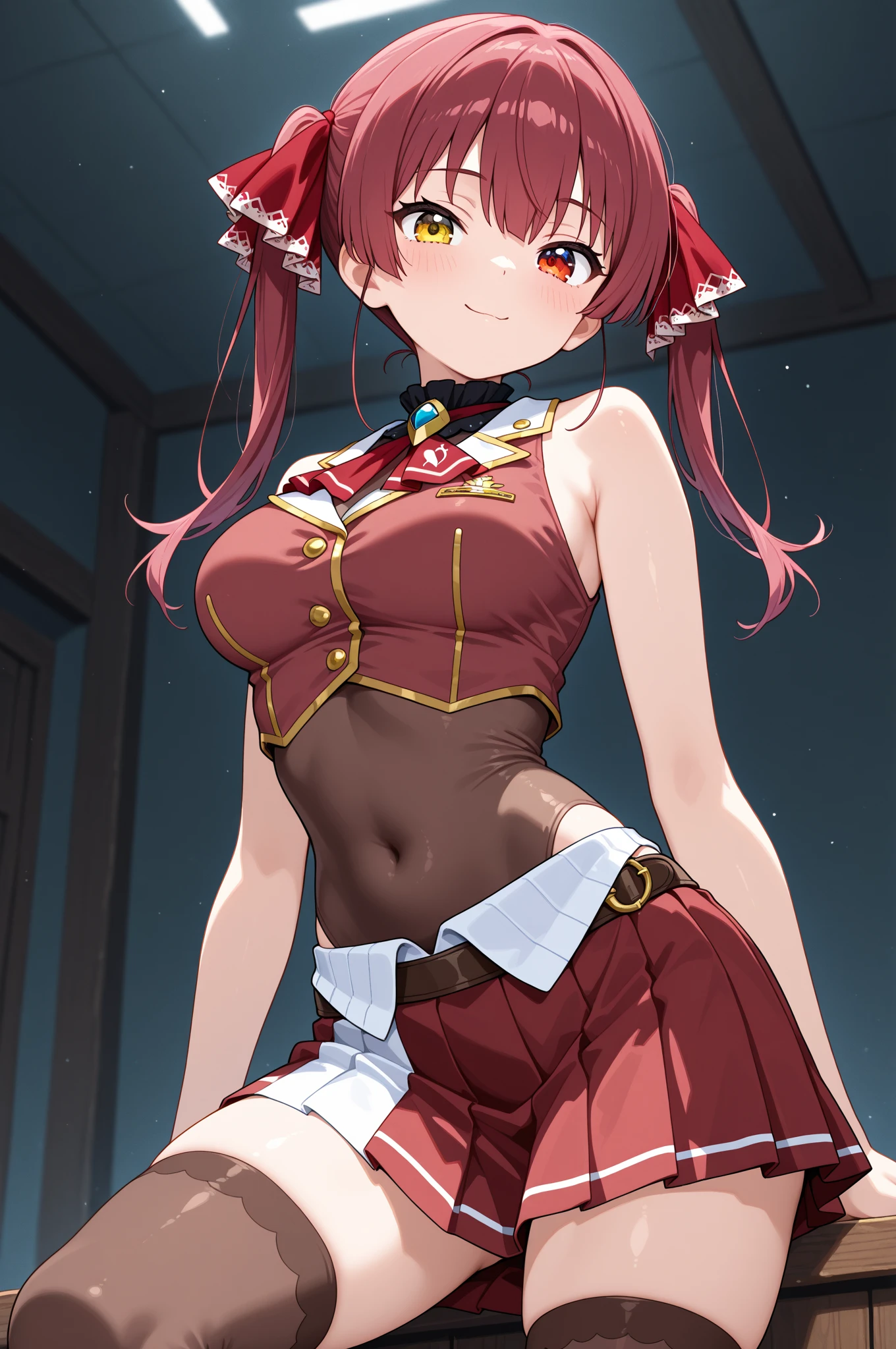 (masterpiece, best quality),best quality, best resolution, (ultra-detailed), (3heads:1.5), 1girl, (raiko horikawa:1.3), masterpiece, best quality, black top, crop top, ((stomach)), midriff, ((groin)), white skirt, normal ears, shackles, wavy red hair, very long hair, wavy hair, sidelocks, red eyes, parted lips, open belly, sweat, cute, toned belly, hand on own chest, eyelashes, (25 year old woman:1.3), (masterpiece:1.5), (best quality:1.5), (beautiful detailed), extremely detailed CG, extremely delicate and beautiful, depth of field, (finely detailed face), (perfect details:1.2), (mature female:1.3), wide pelvis, slender, large veiny breast, 8k resolution, very high quality, very high definition, extremely detailed, masterpiece, wavy red hair, long hair, alluring presence, braid, short skirt, close up, big tits, young, purple tie,