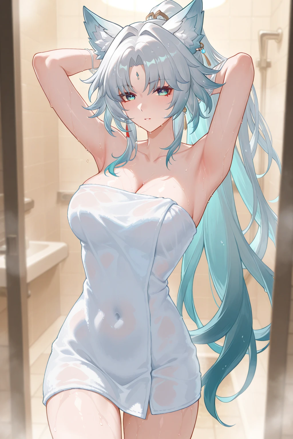 (Highest quality), (High resolution), (masterpiece), (Super detailed), Wolf Ears, Silver Hair, Long Hair, Light blue eyes, Blue Archive Art Style, One girl, Silky skin, Shiny skin, An athletic body, blush, Heavy breathing, chest, (A revealing, thin dress,No sleeve, Long slit, Not wearing underwear), Front view, (Bright saturation), Sexual pose, Dripping love juice, Heart Pupil, (大きなchest:1.1), (Saggy breasts:1.5), Expression of pleasure, Trembling with sexual climax, Heavy breathing, I take a shower