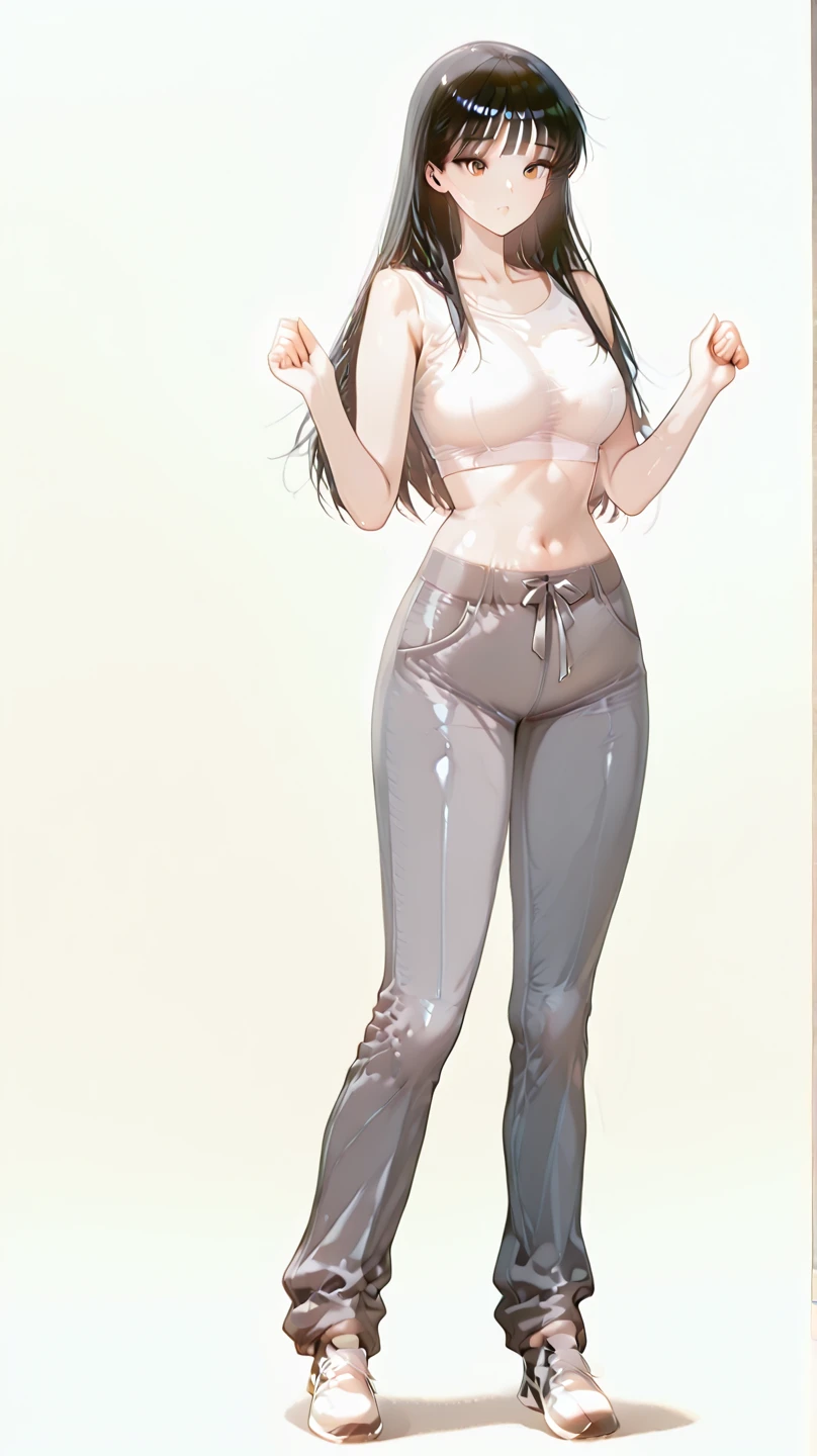 (solo), (a detailed full body RAW photo of a girl), (masterpiece:1.0), (best quality:1.4), (ultra highres:1.2), (photorealistic:1.4), 8k resolution, Canon EOS R5, 50mm, absurdres, ultra detailed, (18yo), sharp focus, cinematic lighting, detailed beautiful face, (makeup:1.2), (ulzzang-6500-v1.1), figure, detailed skin texture, pale skin, flat chest, (skinny and fit body:1.3), thigh gap, detailed brown hair, (very messy hair:1.5), (Avril Lavigne:0.7), smiling, (sports bra, sports leggings:1.4), realistic glistening skin, (bedroom:1), (cameltoe:1.3), (sweating:1.45), slim waist, seductive smile, solo