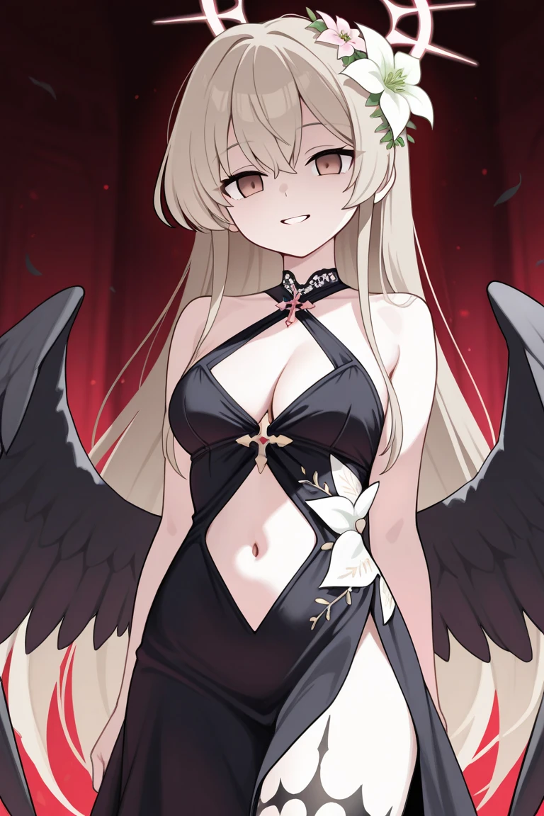 (masterpiece:1.6, best quality), (finely detailed beautiful eyes: 1.2), phyami, yamidarkness, 1girl, solo, blonde hair, wings, long hair, horns, red eyes, black wings, bare shoulders, hair intakes, collarbone, choker, demon horns, halterneck, feathered wings, collar, anime coloring, hair between eyes, criss-cross halter, black dress bikini, demon girl, bangs, very long hair, black underwear, pregnant