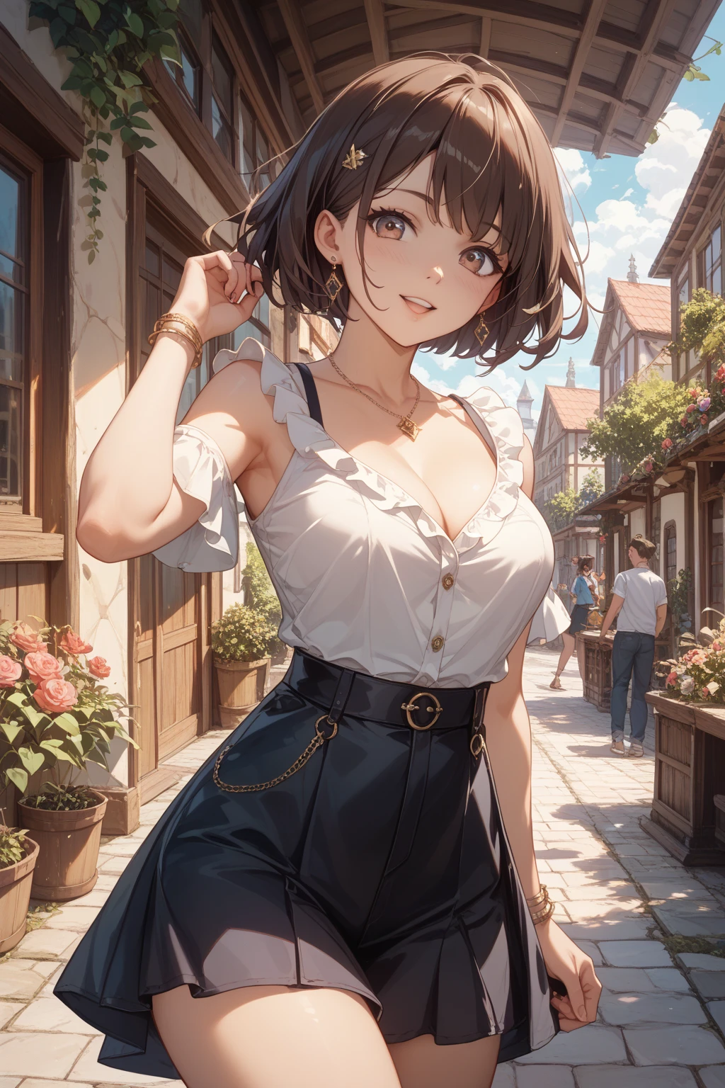 Sleeveless,Sweaty,A perfect smile, (Perfect Anatomy, Anatomically correct, Highly detailed skin), Cute and symmetrical face, Perfect Face, Perfect Eyes, Perfect Fingers, Five Fingers,Smartphone in one hand, ((Hairstyle,Inner Color,money,Bobcut))((White tube top,Brown Check Skirt)),Earrings,Street Corner,((Shoulder bag,Wear diagonally)),Go down the stairs,Angle from below,Dripping sweat,((Blue lace panties,Wet Panties))