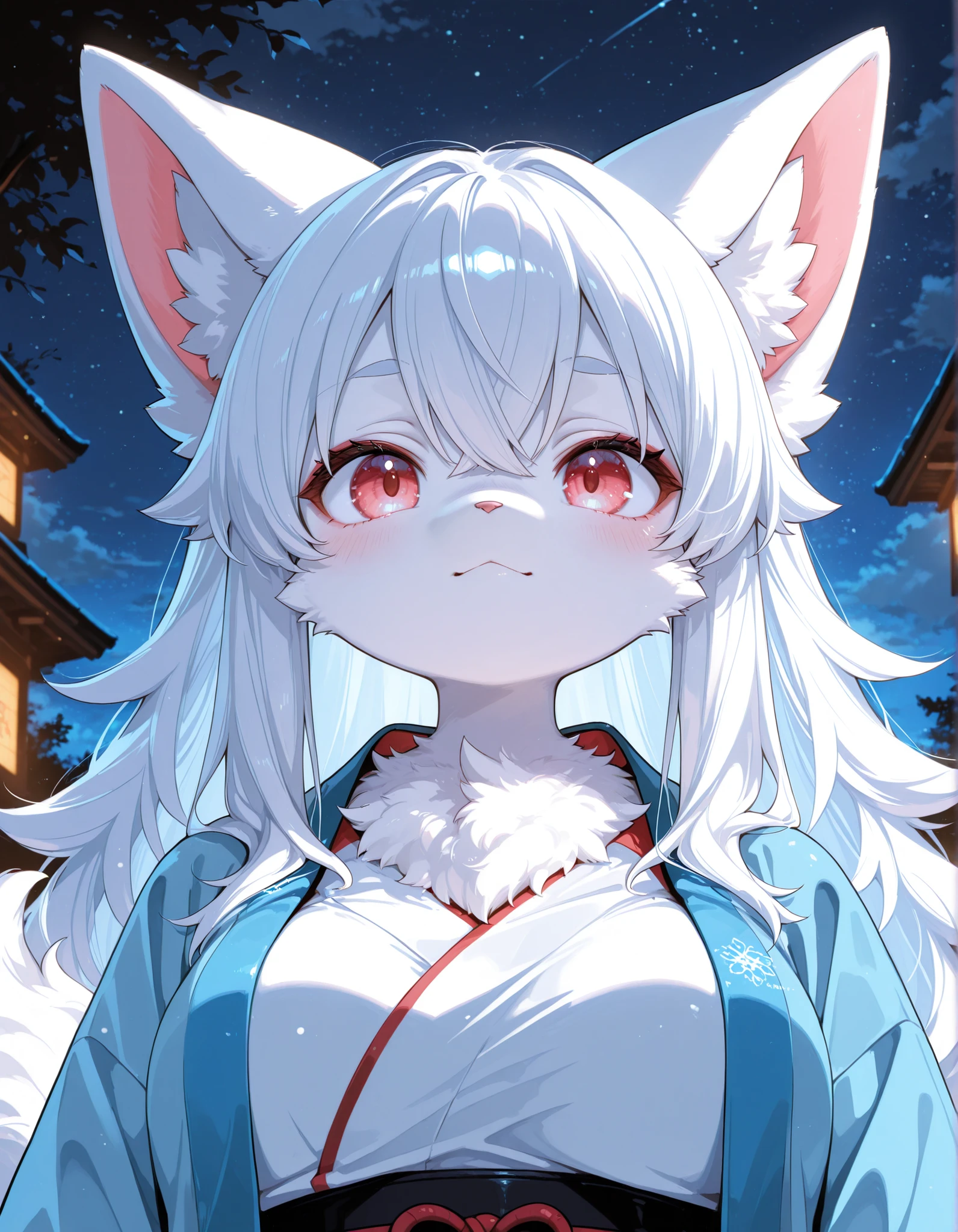 furry dragon, girl, night, long hairs, kemono, fluffy tail, white elements on fur, young, breasts, haori himo, haori jacket, portrait view, bottom view, young