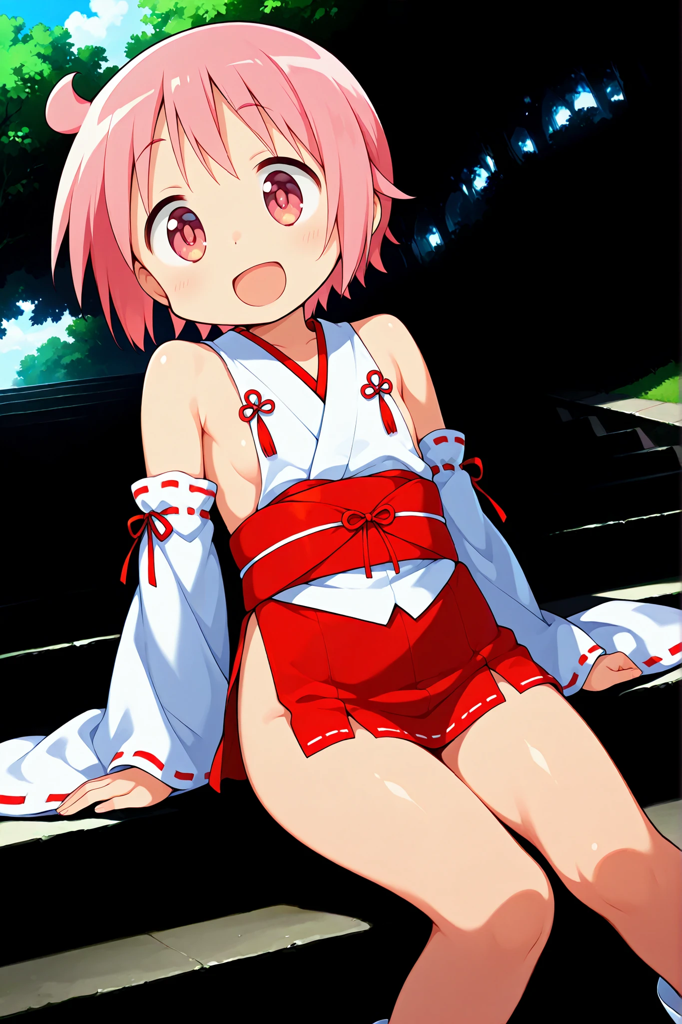1girl, solo, nsfw,, (wearing nothing: 1.5), large breasts., empty eyes , 　 momo velia deviluke, short hair, yellow eyes, demon tail, hair ornament, pink hair,, flooding, fire, heavy snowfall, frozen, file, crying, sea, cooking, whole body, Cherry tree、blue sky, church,, classroom, garden, , nipple , wet,、14 years old、