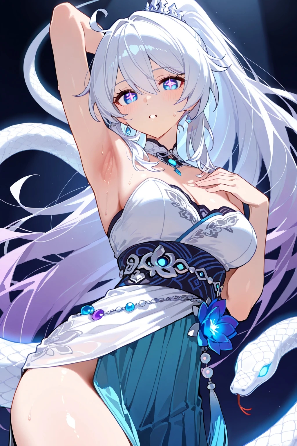 8K, realistic, Ultra High Definition, Super detailed, young girl of 18 years, Shiny detailed hair, dragon ears, detailed face, dragon features, fantasy landscape, solo, looking at viewer, {{best quality}}, {{masterpiece}}, {{ultra-detailed}}, {detailed light}, ultra high quality eyes, detailed eyes, perfect eyes, large eyes, purple eyes, sexy tattoo, white hair, long hair, metallic dragon horns, beautiful earrings, beautiful, skinny body, white skin, slutty, erotic, blushing, open mouth, standing in suggestive pose, ((nsfw))