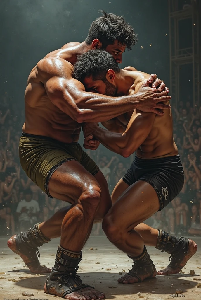 Strong and muscular Bolivian men fighting furiously in white underwear, hugging each other on the floor, being separated by men, inside a large historic dressing room, with stained glass windows and benches in the background, in a building from 1650.