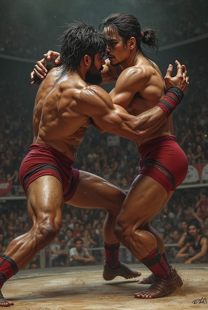 A young Puerto Rican man hairy bearded strong muscular red underwear bulge bulge, standing with his legs spread wide open on top of a beautiful woman in red panties lying on the floor below, having his underwear pulled down with his hands by the woman, in performance on a stage of a television program presented by a famous presenter.