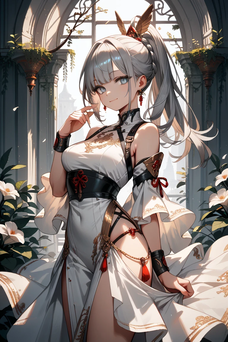 (photo-realistic,ultrarealistic8kcg:1.2),Perfect artwork,delicate patterns,(best qualtiy,intricately details,extremly intricate:1.2),70mm telephoto lens,(Ultra-detailed),strong lights,Light and shadow texture,Texture details,(heartthrob),(Detailed clothing features),choker necklace,Earrings,shairband,Delicate makeup,(one-girl,teens girl，delicate leg，Solo:1.2),woman,Girly,eyes with brightness,little breast，Poor milk，ssmile,(silber hair，verylonghair:1.4),looki at viewer,cow boy shot,Gorgeous Chinese costumes,reddress,Hanfu,longer sleeves,Wide sleeves,