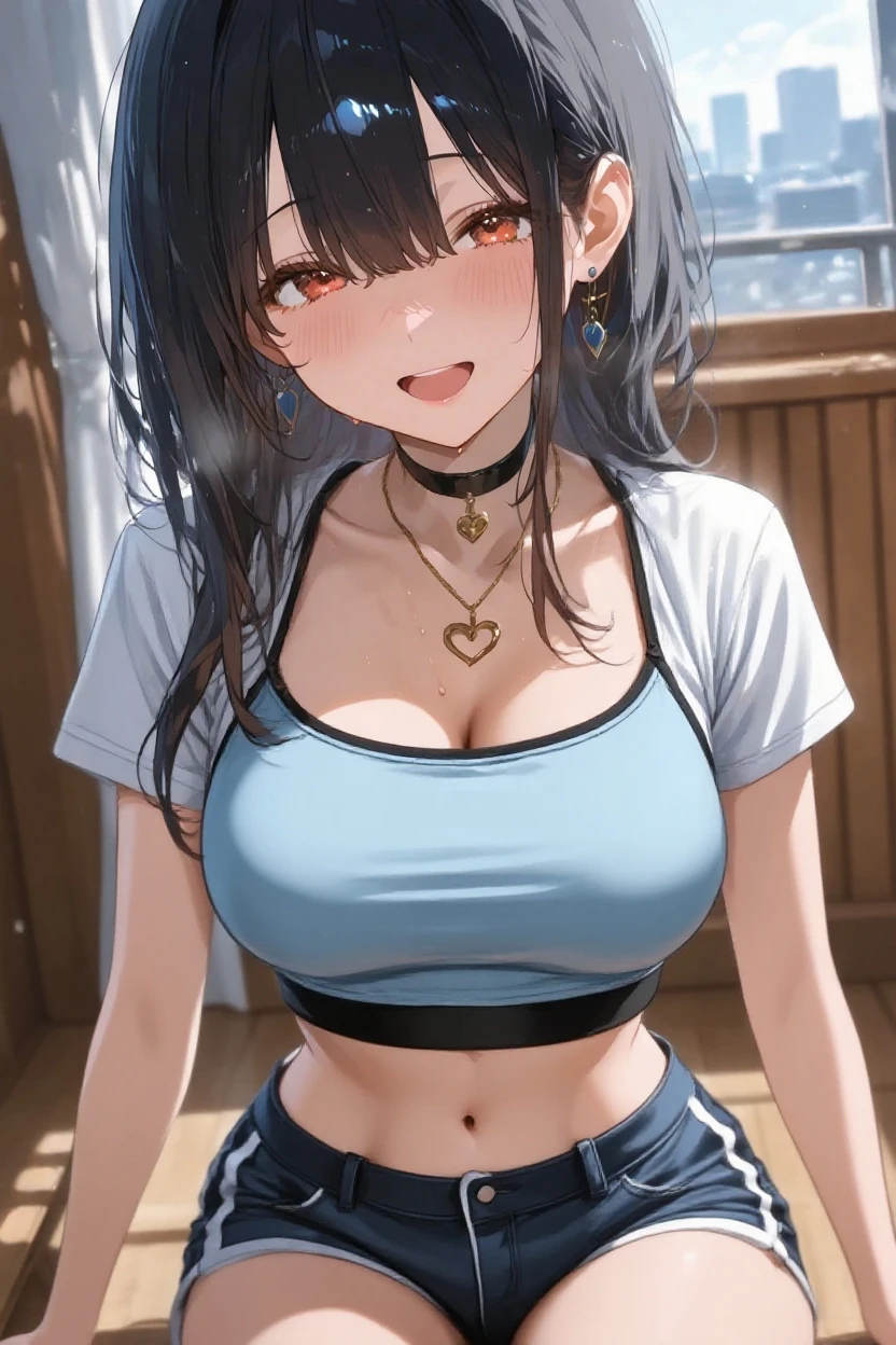 (masterpiece), best quality, Detailed, Ultra-Detailed, Digital Art, Detailed Face, (Hyper-Detailed Eyes:1.2), (Absurdres:1.2), (Realism:1.2), (Realisitc:1.2), expressive eyes, perfect face, massive breasts, very curvy, long brown hair, yellow eyes, gyaru, full lips, seductive, smiling, at home, (tank top, choker: 1.1), (hotpants: 1.2), revealing clothes, cleavage, at home, massive breasts, wide hips, sweating, 1 female, sitting down, sexy, facing the viewer, (mayadere: 1.3)