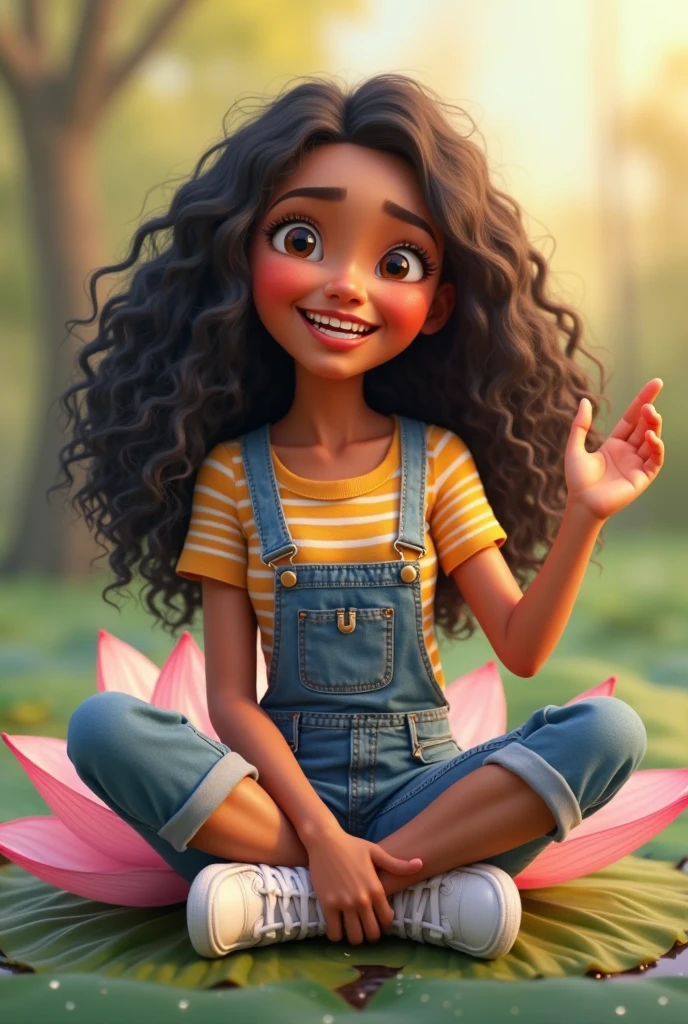 A brunette girl with curly hair and big breasts sits with her legs stretched out, taking a realistic photo