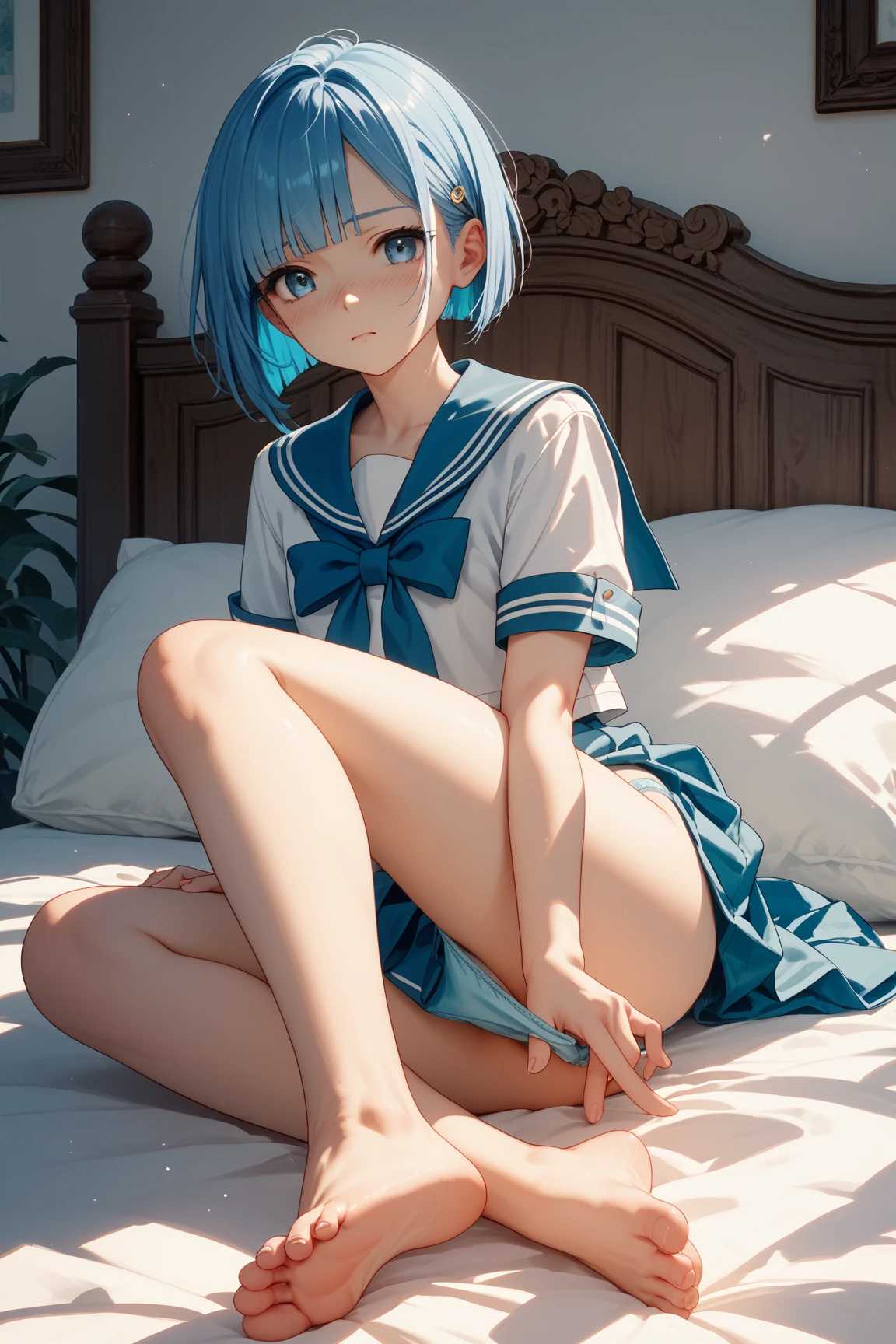 looking away, embarrassed, blush, Keep one's mouth shut, very short skirt, looking away, sitting and spreading crotch, embarrassed, blushing, crying, mouth closed, street, ((masterpiece)), ((best quality)), (ultra-detailed), ((kawaii)), cute, (lovely), ((sexy)), (ero), ((extremely detailed)), 4K, (8K), best quality, (beautiful), illustration, anime style, painting, dynamic angle, (Poses for erotic photo albums), full body, colorful, daytime, summer, a little girl, child, solo,((beautiful eyes)), white-skinned, short hair, transparent hair, translucent hair, large breast, cool, blush, sparkling effect, glitter effect, lens flare, shiny-glistening, gleaming, wetted by water,, (Masterpiece, Slim Body, Delicate Fingers: 1.2), Best Quality, (Illustration: 1.2), (Hyper Detail), Eye Focus, Ultra Detail, (Fine Detail), (Intricate Detail), HDR, (Ultra Detail: 1.15), (Soft Light: 1.2), Very detailed eyes, girl, White hair, blue highlights, cyan left eyes, blue right eyes, teenager, costume with blue accents, short hair, solo, ahoge, butterfly, thigh straps, mismatched pupils, multicolored eyes, high quality, best quality, shy expression, blush face, erotica, embarrassed, camel toes, wet body,girl in school uniform, (school uniform: 1.3),(girl is leaking pee)