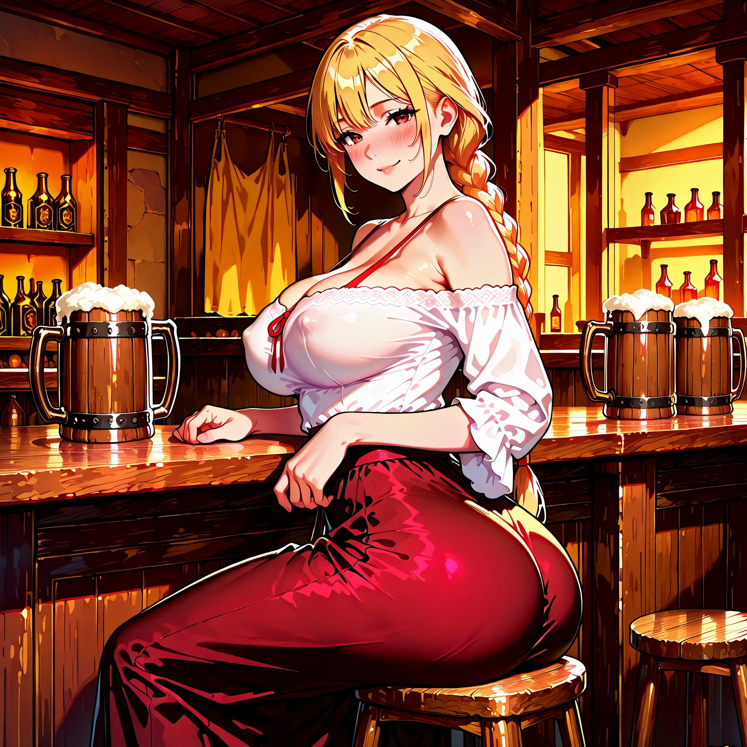 a naked woman posing in the bar (several other people nearby), 1woman, sexy, mature, big boobs, nude, curvy, ass, nipples, voluptuous, blonde hair, curly hair, jewelry, bracelet, indoors, solo focus, from behind, multiple boys, crowd, public indecency, public nudity, exhibitionism,(masterpice:1.5), (high-quality:1.5), (best-quality:1.5), (highly detailed woman), high detailed eyes and face, highly detailed fingers, intricate_details