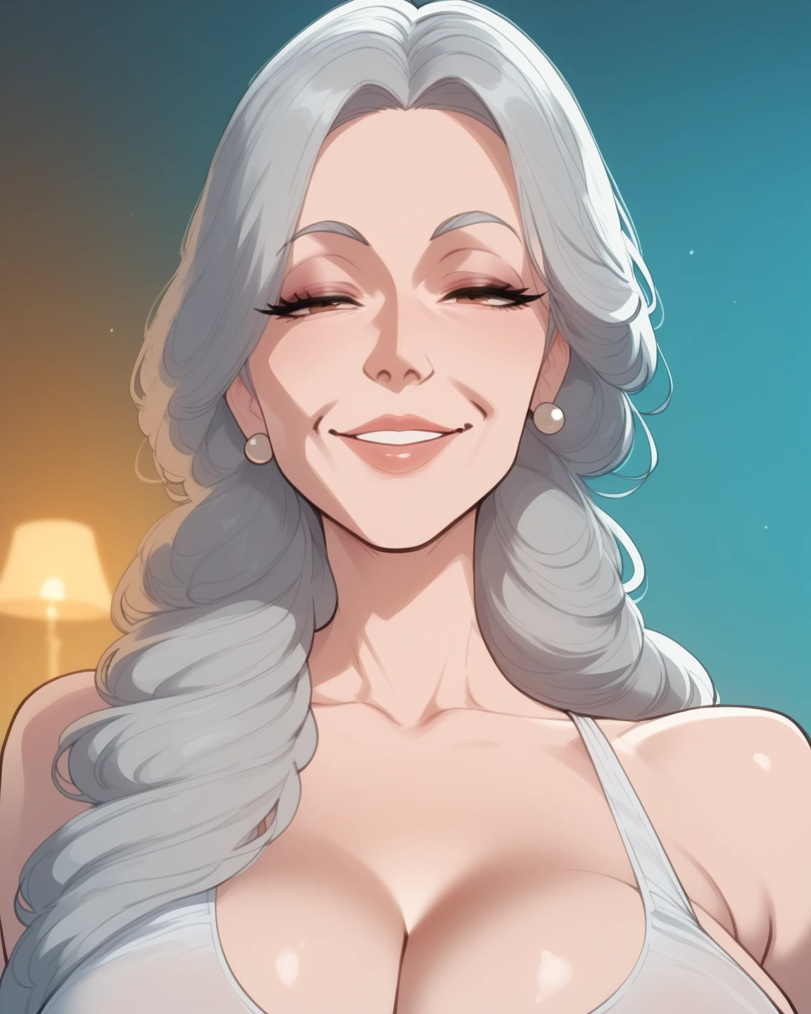 (masterpiece, highest quality:1.2), (High resolution, 8k RAW photo, Photorealistic, Clear focus, Weak outline:1.3), (Cinema Lighting, grumpy, Fabric Shading), throw, (alone:1.5), 1 mature woman elf, 24-years-old, (Mature Woman:1.5), ((NFSW:1.5, Running Chest:1.3, Saggy breasts, big , Cleavage, Sexually harass, In the heat, present)), ((blue beautiful eyes:1.3)), (Sitting on a chair at the bar counter, Lie face down with your arms on the counter, Looking at the audience, cocktail glass), Raised to be sexy, (a little happy smile:1.3, Embarrassed), white hair and light purple mesh, Medium Long Hair, Hair on one eye, Asymmetrical Hair, Half Up Hair, blue eyes, Wearing a sexy light purple dress, Long skirt with side slits, A white see-through shawl is wrapped around her shoulders., (Luxurious accessories, necklace, Earrings, bracelet), Bokeh, Dynamic Angle, Tilt to the side:1.2, close up face:1.5, whole body, From below:1.2, (Correct Anatomy:1.6, Ideal body proportions, The right move:1.5, small hands), Overnight, Dark Room,