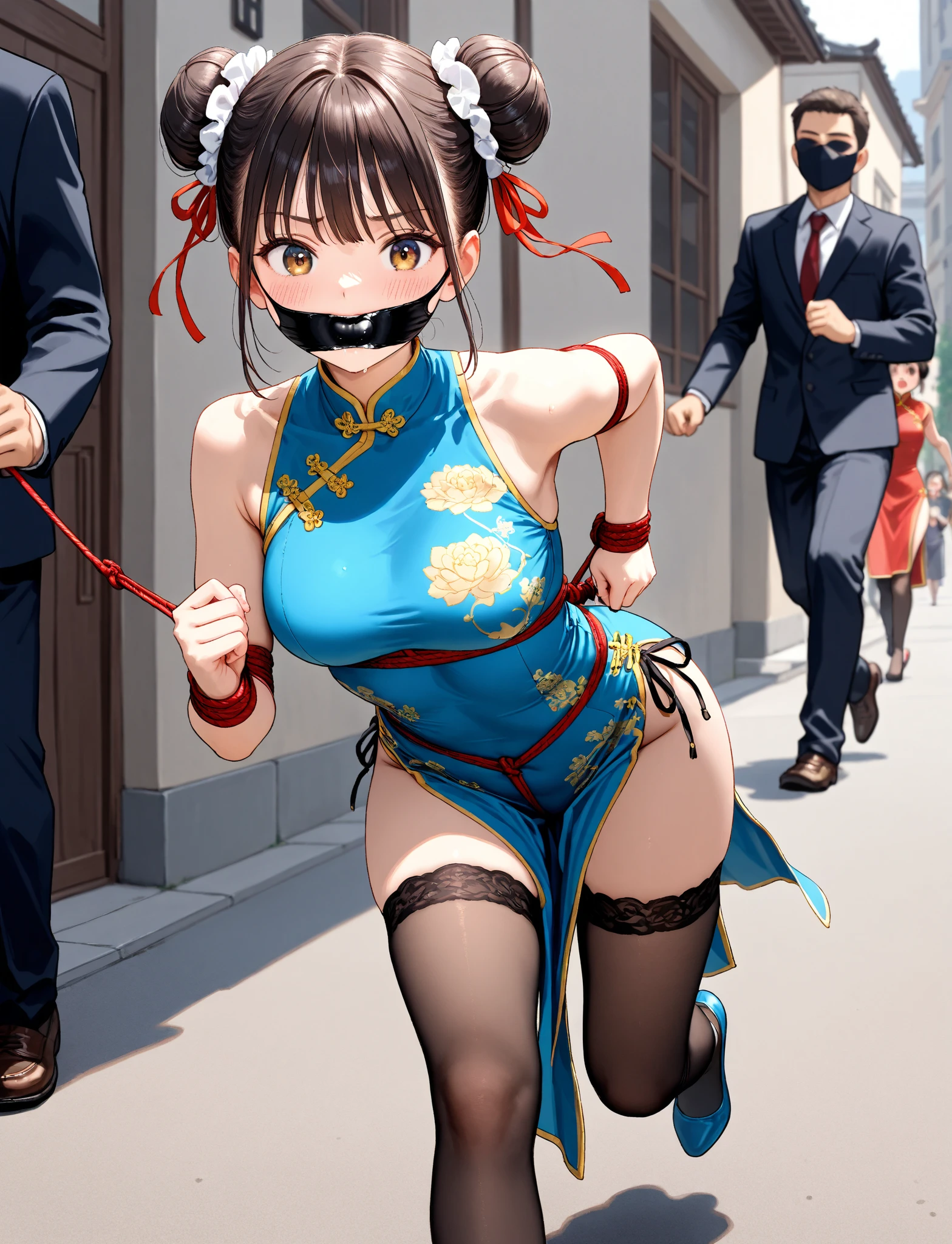 Close-up shot of a sexy woman, Gorgeous with captivating eyes and perfect makeup, radiant childhood friend, accentuated by a sheer white tank top and a short black pleated skirt, Show off your sexy figure with big thighs and wide hips, provocative. tie (Shibari, tay bị tie sau lưng: 1,5), (Shibari: 1,21), Bị tie, chân bị tie, gag with drool ball((( red ballgag)))Wear glasse, lying on the crowded street , wet person , green rope