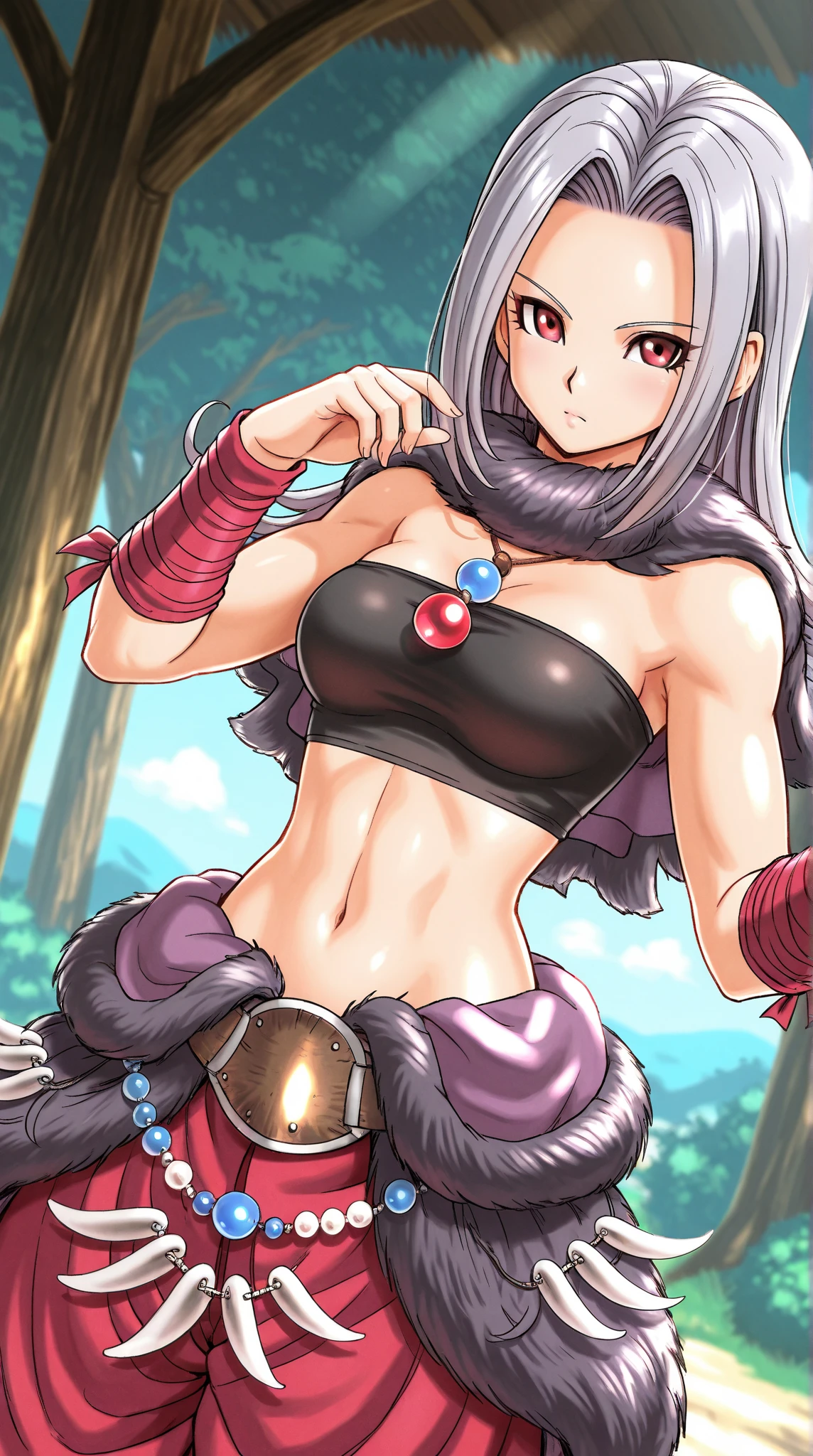 (masterpiece, best quality:1.1), ryouko_(tenchi_muyou!), hand on hip, smile, 1girl, solo, big hair, blue hair, spiked hair, pointy ears, red earrings, highleg bikini, micro bikini, white and red bikini, covered, yellow eyes, huge breasts, beach, blue sky