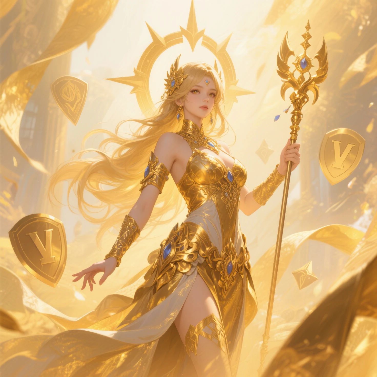 A woman with a scepter,The top of the scepter is torus,There is a orb in the middle,Emits a golden glow,palaces,Solemn。divino,Sexy queen,Wearing a gold-encrusted dress with precious stones,photorealestic,realisticlying,The closest to reality,Highest quality