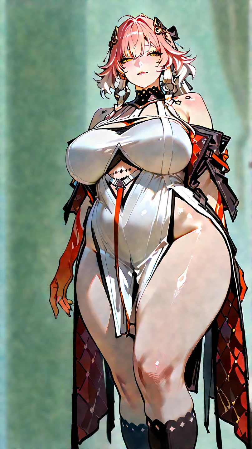 ((BLACK BACKGROUND1:2)) masterpiece, best quality, high quality, 1solo white SKIN elf, long hair, white hair, white eyes, full body, black bikini, looking at viewer, shiny, black thighhighs, high boots,shoulder armor, faulds, poleyn, gloves, gauntlets, FEET TOGETHER STANDING SYMMETRICAL, female elf big knockers cleavage bikini, black headwear, black choker collar, lustful smirking smile face red blushed red cheeks, smile, hands on hips