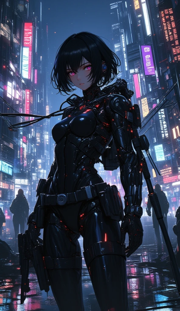 portrait of an attractive female (cyborg:1.5) with (glowing(red(eyes))), (jetblack (hair)), Kasumi \(Dead or Alive\), perfect physique, (serious:1.25), symmetrical features, statuesque babe, (tomboy:1.1), (washboard:1.1) (breasts:0.9), flat toned abs, (cybernetics:1.1), (cyberpunk (city skyline):1.2), (face focus:1.1), anime character, detailed, vibrant, anime face, sharp focus, character design, art by (0W0S0�0q:1.1) and (e�Y)b:1.1) and (0B0�0j:1.1), character design, unreal engine, (masterpiece, high quality, intricate, highly detailed, trending on artstation, sharp focus, 2k, 4k, 8k, hdr, highres, absurdres, best quality, sharp, smooth, cinematic lighting, concept art, detailed background, professional, epic, award - winning, very detailed, highest quality, ultra-detailed, extremely detailed, powerful impression, hyperdetailed, hyperrealistic, hypermaximalist, extremely intricate, wallpaper, CG, unity, painterly, detailed drawing, official art, polished, high-definition, illustration, plz genrate good image plz plz plz, �&lt;ߨ, by greg rutkowski)