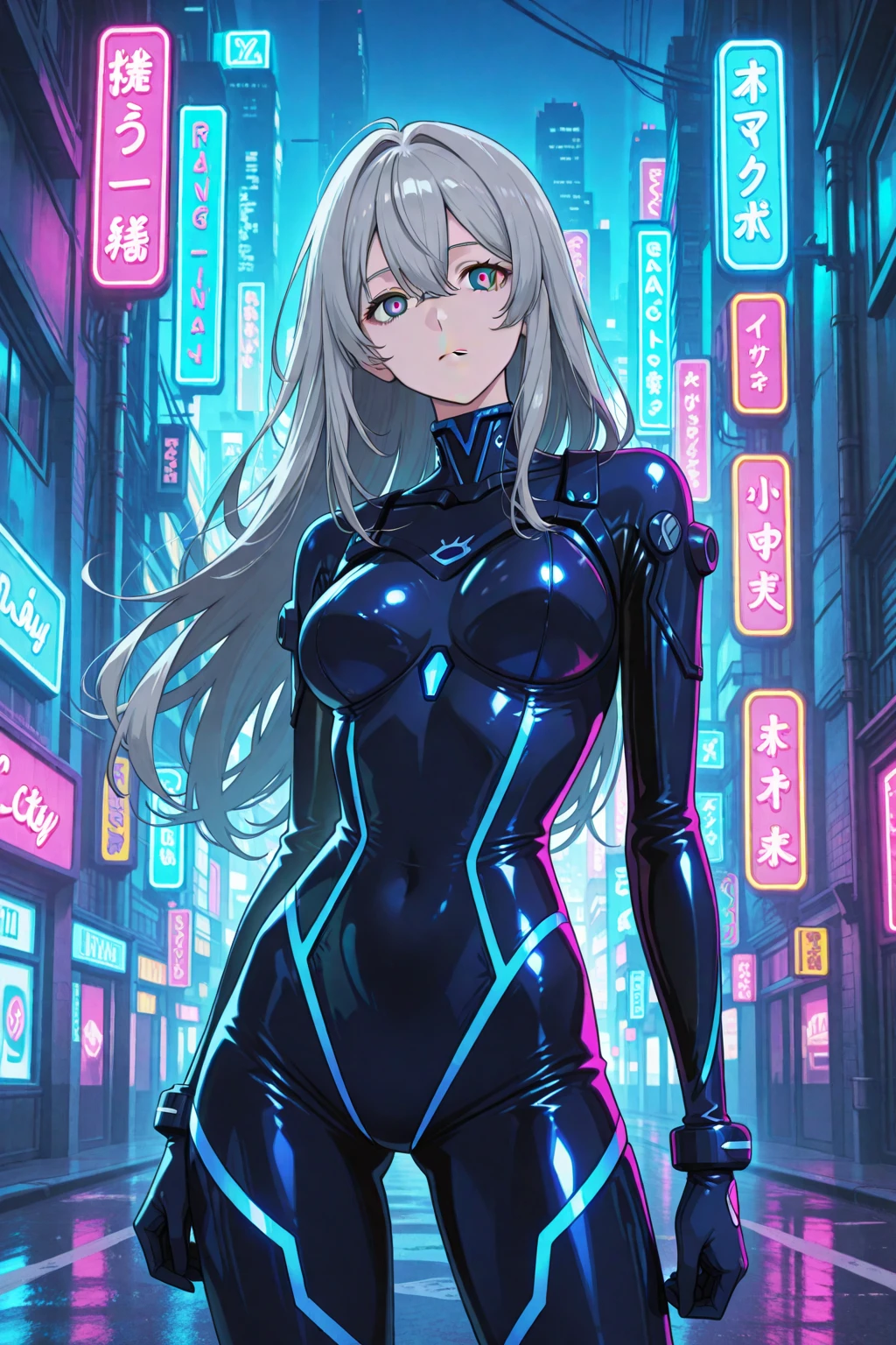 (masterpiece), (Highest quality), Ultra-high resolution, Sharp focus, ((1 female, alone)), Blue Cyberpunk Theme, Beautiful detailed hair, Chestnut Hair, long hair hangs down, Beautifully detailed face, ((Beautifully shaped eyes, Blue Eyes)), Perfect feminine face, View your audience, Feminine cyberpunk outfit, Very sleek and futuristic armor, posture: Peace talks between warring factions,,attention arousal,Brightly colored city neon lights, (At night:1.2)