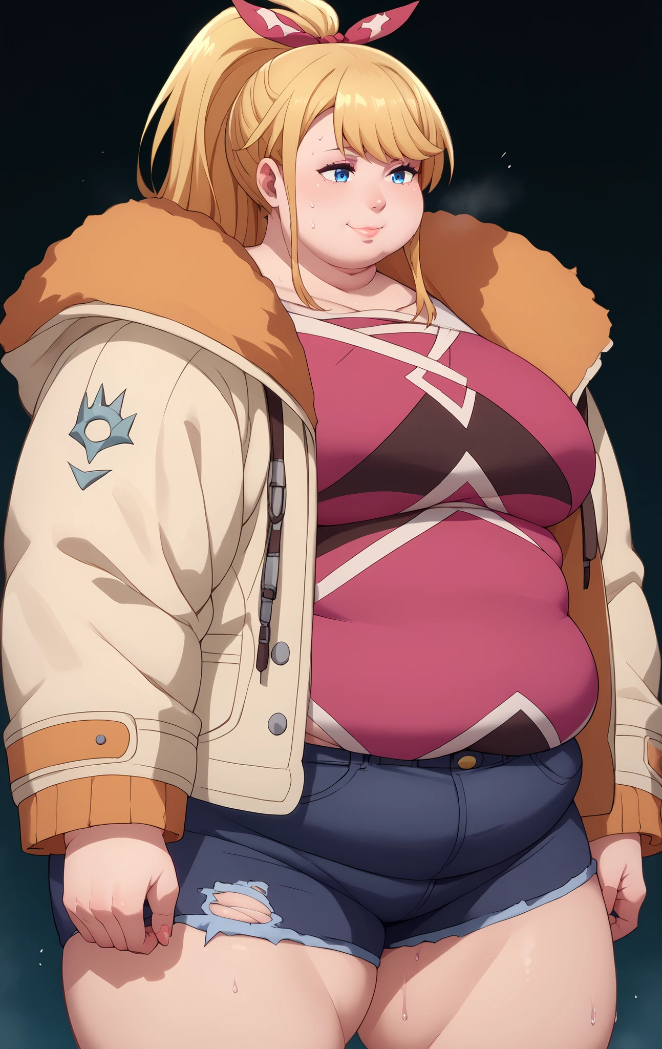 phyllo, long_hair, blonde_hair, ponytail, blue_eyes, ribbon, hair_ribbon, sidelocks, jacket, fur_trim, denim, breasts, long_sleeves, torn_clothes, shirt, thighs, sweat, spread legs, huge breasts, thick thighs, curvy, mature female, fat, chubby, obese, standing up, round face, fat face, smiling, fat lips,