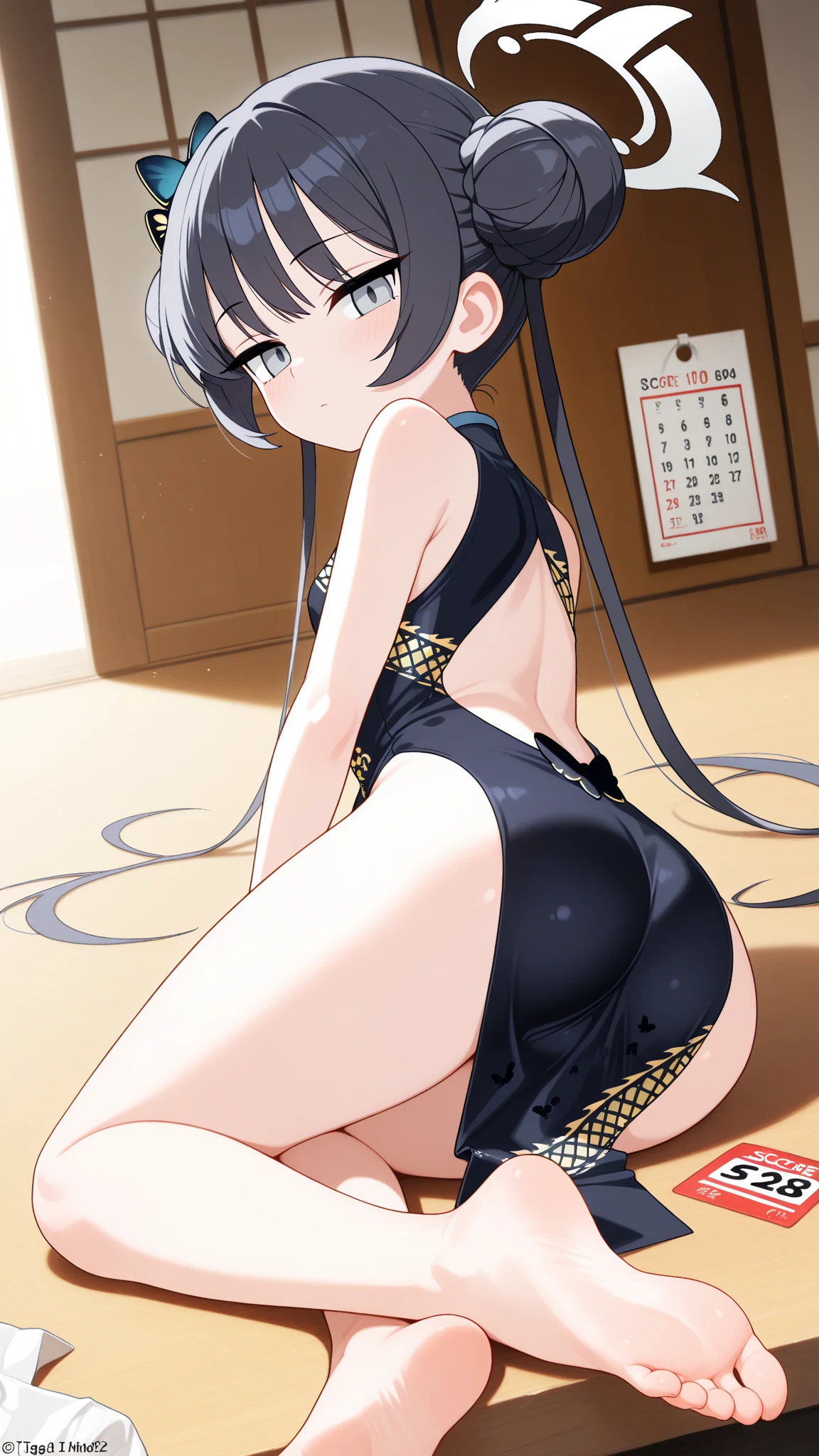 Japanese countryside kitchen,smile,Are standing,Brown eyes,1. small ,short hair,Black Hair,blush,Navy school swimsuit,barefoot,White skin,From below,shy,Sweaty,Wet,Backwards,Back view,Butt,Asian Squat,back,Right behind