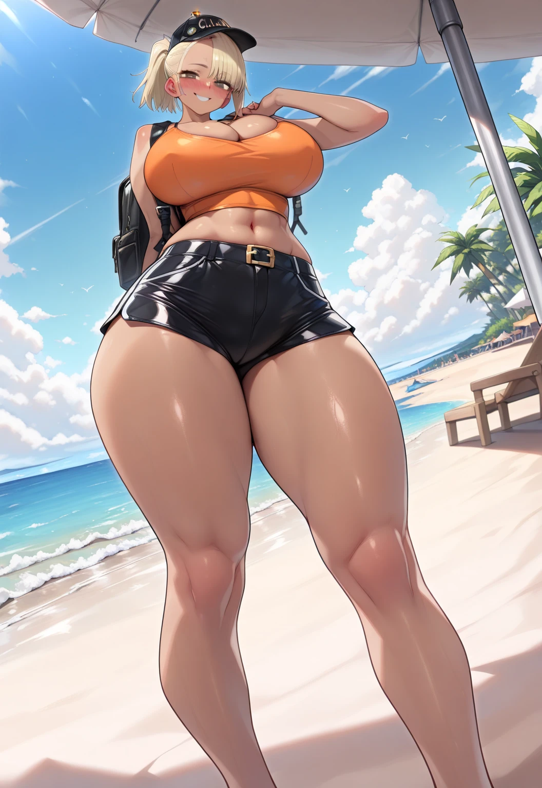 Shot from below、Standing with your legs apart、Standing with feet shoulder-width apart、Cute girl、highest quality、Ultra - High resolution、High resolution、Highly detailed CG、8k unit wallpaper、18-year-old、Careful and gentle eyes,Delicate and beautiful smile、Platinum Blonde Hair、Asymmetrical Hair、((( Dark Skin:1.5)))、(Shiny body,:1.5)、rabbit ears、(((loose socks、big breasts))) 、(Orange motocross jacket with green details, Biker clothes. Detailed design、Skin-colored bikini)Double Peace 、2.5D、My girlfriend、Grab the bikini strings、Tight bikini