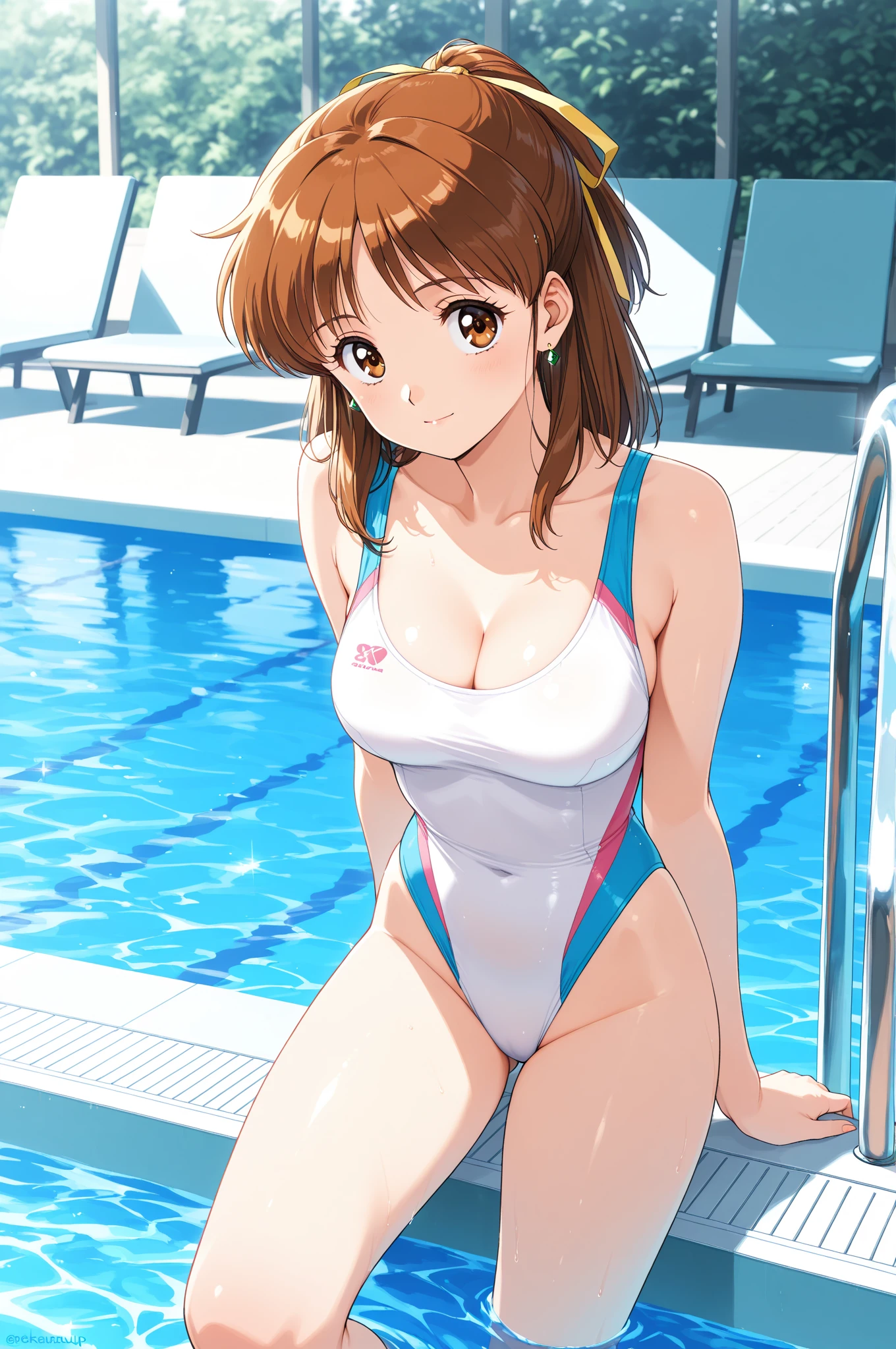haruhi suzumiya, short hair, brown hair, brown eyes, hairband, medium hair, ribbon, hair ribbon, old school swimsuit, dutch angle, cowboy shot, smile, open mouth, looking at viewer, large breasts, erect nipples, chichibukuro, futa, penis outline, school pool, blurry background, bokeh, pose, photo shoot, score_9, score_8_up, score_7_up, source_anime