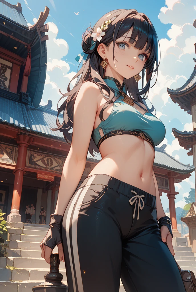 (((masterpiece))), (((best quality))), ((tsuuhaiken)), ((outstretched arms)), ((hand close to waist)), horse stance, sidelocks, longhair, wristband, sleeveless, ((see through cut-out beige chiffon floral qipao)), fluttering skirt, wind, dust, steam, solo, 1girl, (((big tits))), ((ribbon)), open mouth, sweat, shy, blush, ((slim figure)), lace stockings, (((ancient china ruins))), <lora:girlliketsuuhaiken:0.6>,