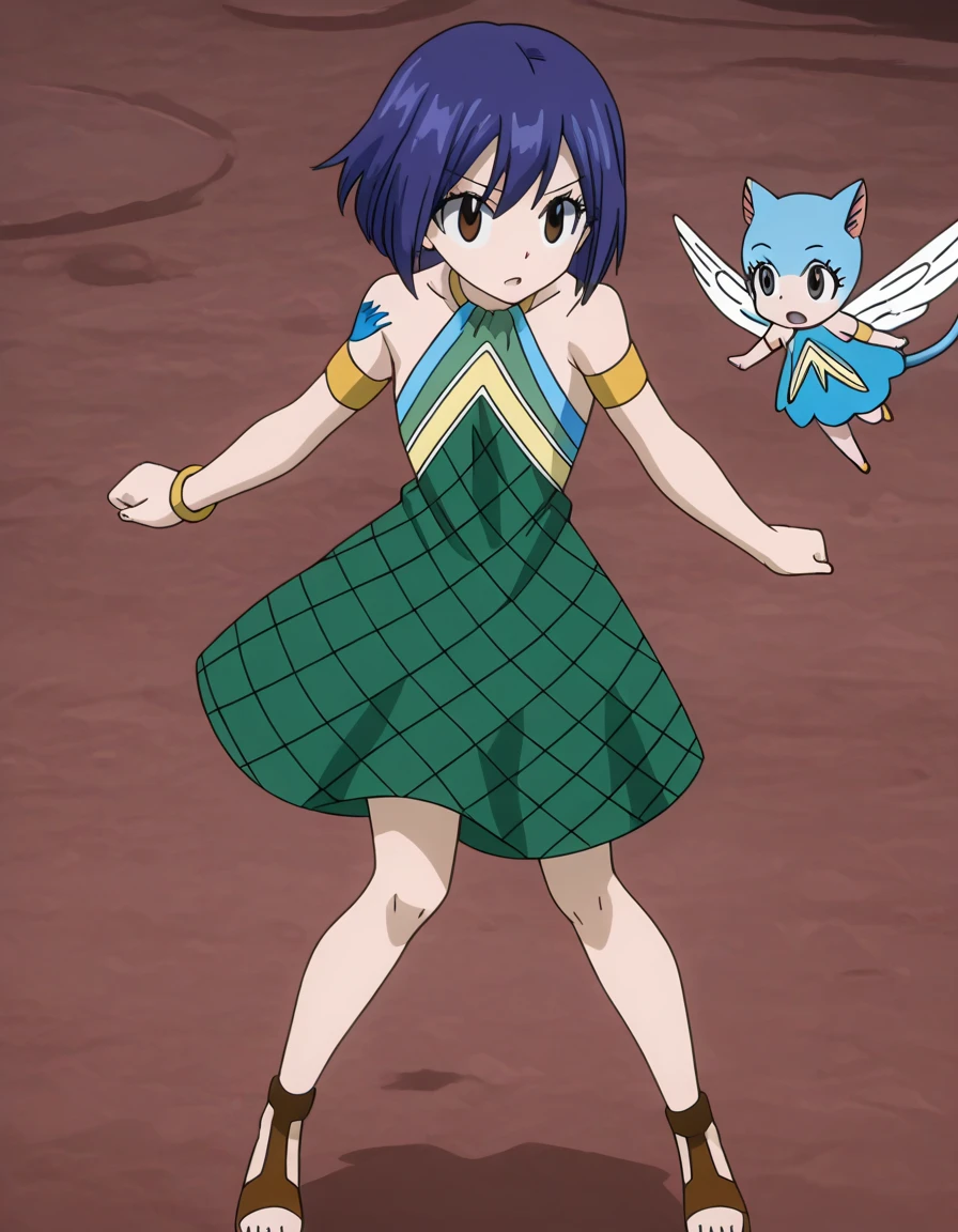 Anime girl, fairy tail, short black hair, brown eyes, light skin, white sleeveless dress with light blue fur trim, thigh high light blue snow boots, medium breasts 