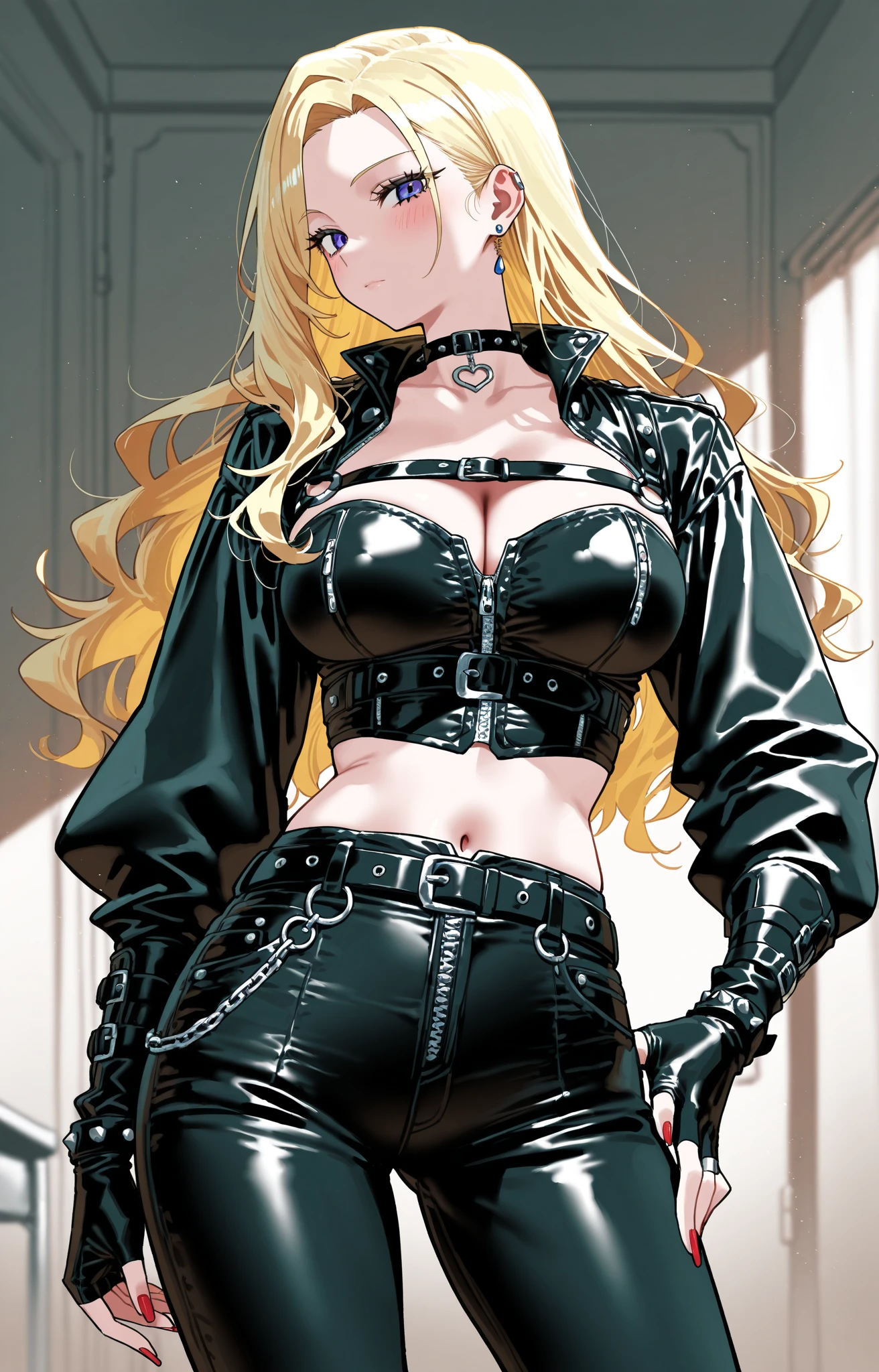 1girl, (score_9, score_8_up:1.1), score_7_up, green eyes, blonde hair, long hair, very long hair, hair over one eye, bangs,, BREAK, leather jacket, leather pants, strapless bra, black jacket, tight pants, black choker, zipper, fingerless gloves, biker clothes, spikes, unzipped, multiple belts, shiny clothes, high collar, (graffiti:1.2), brick wall,, BREAK, solo, smile, looking at viewer, cowboy shot, sinozick style