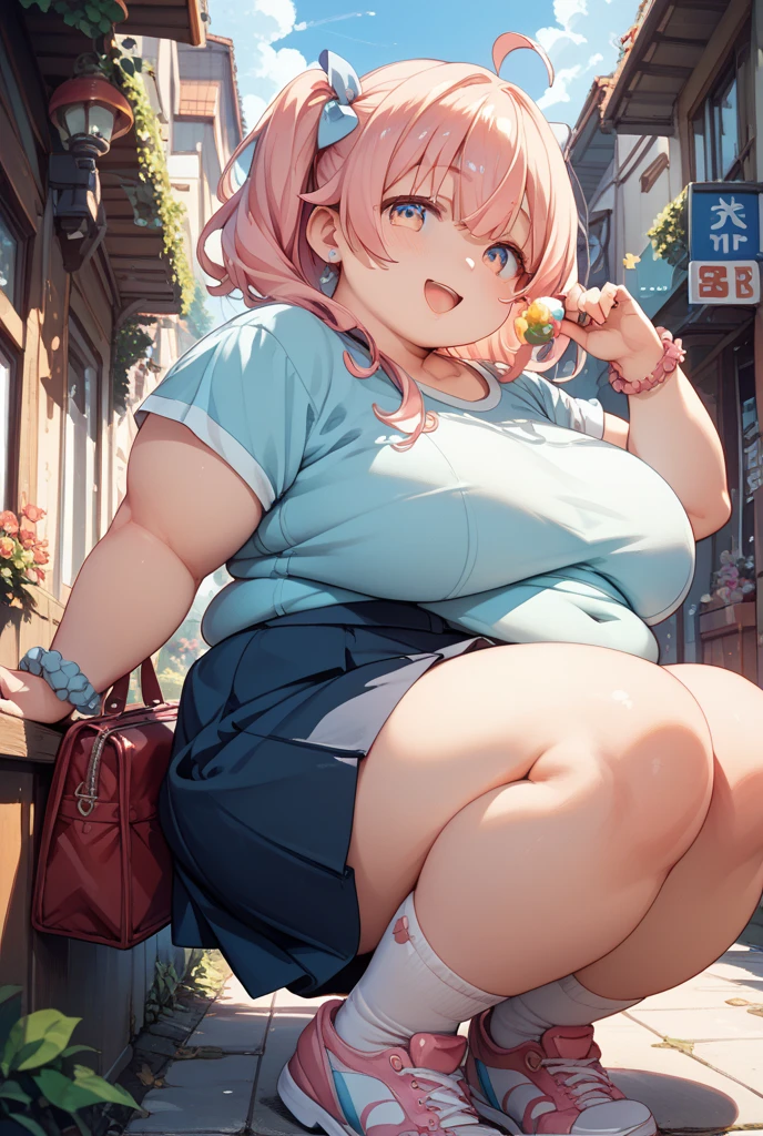 Illustration, UHD, retina, masterpiece, accurate, anatomically correct, obese body, super detail, high details, high quality, award winning, best quality, highres, good anatomy, 1080P, HD, 4K, 8k, 16k, 1girl, dynamic pose, androgynous, upper body potrait, detailed eyes, detailed clothes, detailed hair, rendering, 2 hands, 5 fingers, 2 legs, cotton candy hair, short hair, bangs, short locks, ahoge, teal eyes, gradient eyes, wearing a off shoulder white shirt